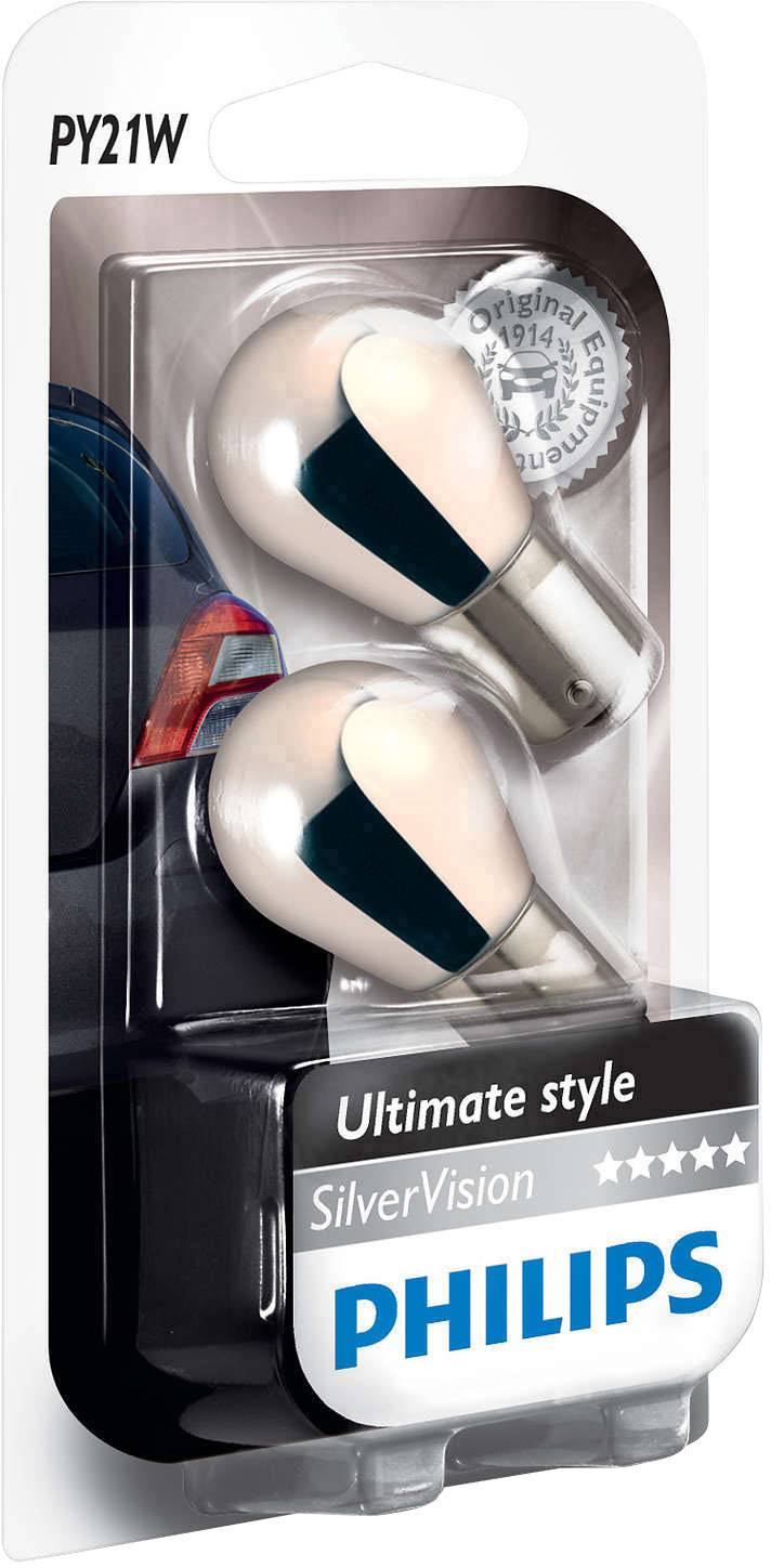 Zwei Glühbirnen in einer Philips-Verpackung, beschriftet mit 'Ultimate style SilverVision'. Die Verpackung zeigt ein Autolicht.