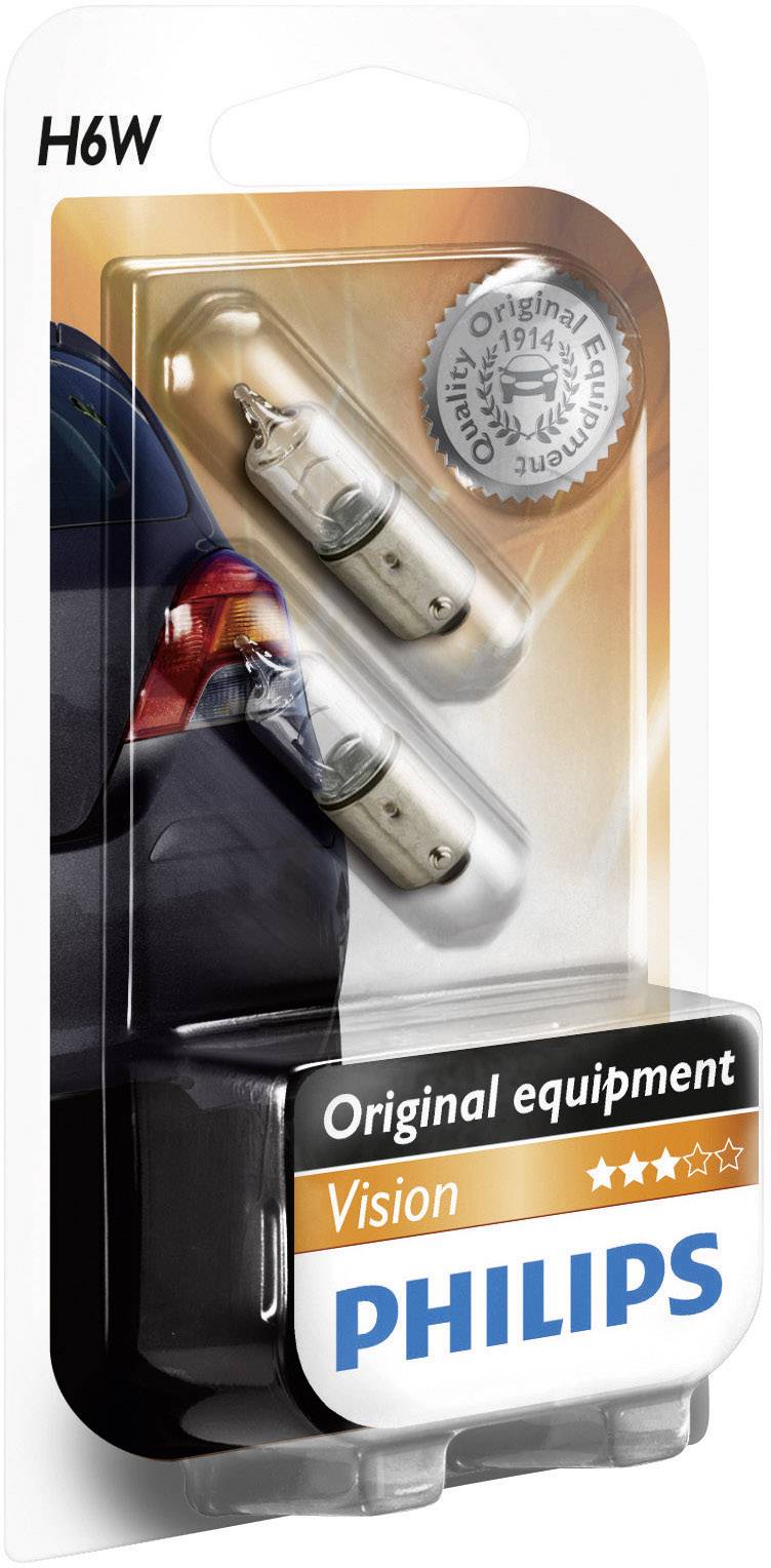 Verpackung von zwei Philips H6W Autolampen, 'Original equipment', mit einem Auto im Hintergrund und einem Qualitätssiegel.