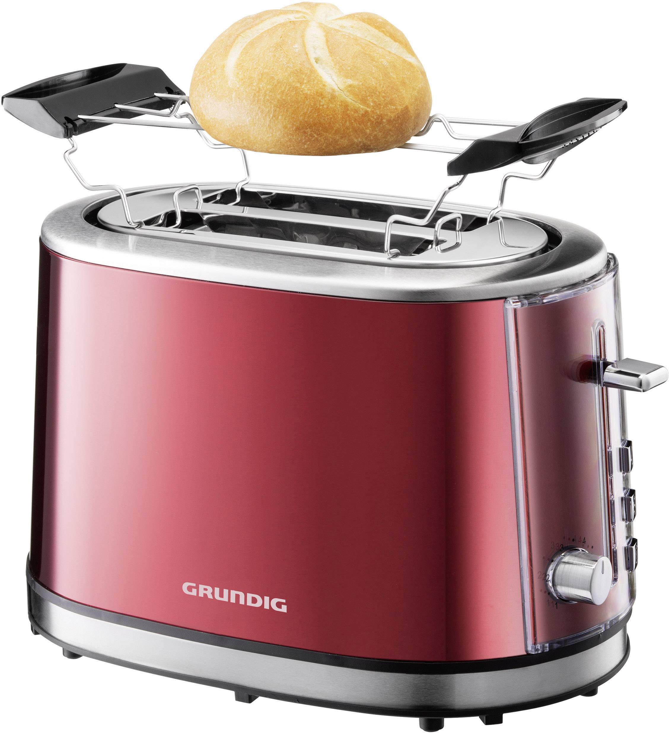 Roter Toaster mit Brötchenaufsatz, auf dem ein rundes Brötchen liegt. Der Toaster hat Bedienelemente auf der Seite.