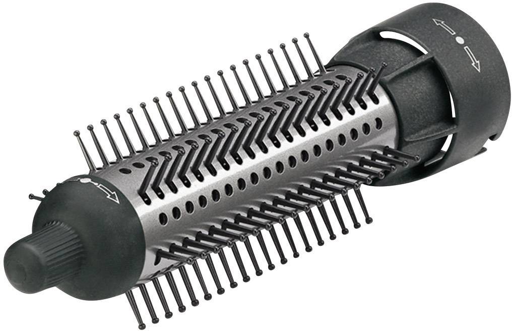 Rundbürstenaufsatz für Haartrockner, schwarzes Gehäuse, runde Form mit Borsten und Lüftungslöchern für gleichmäßiges Styling.