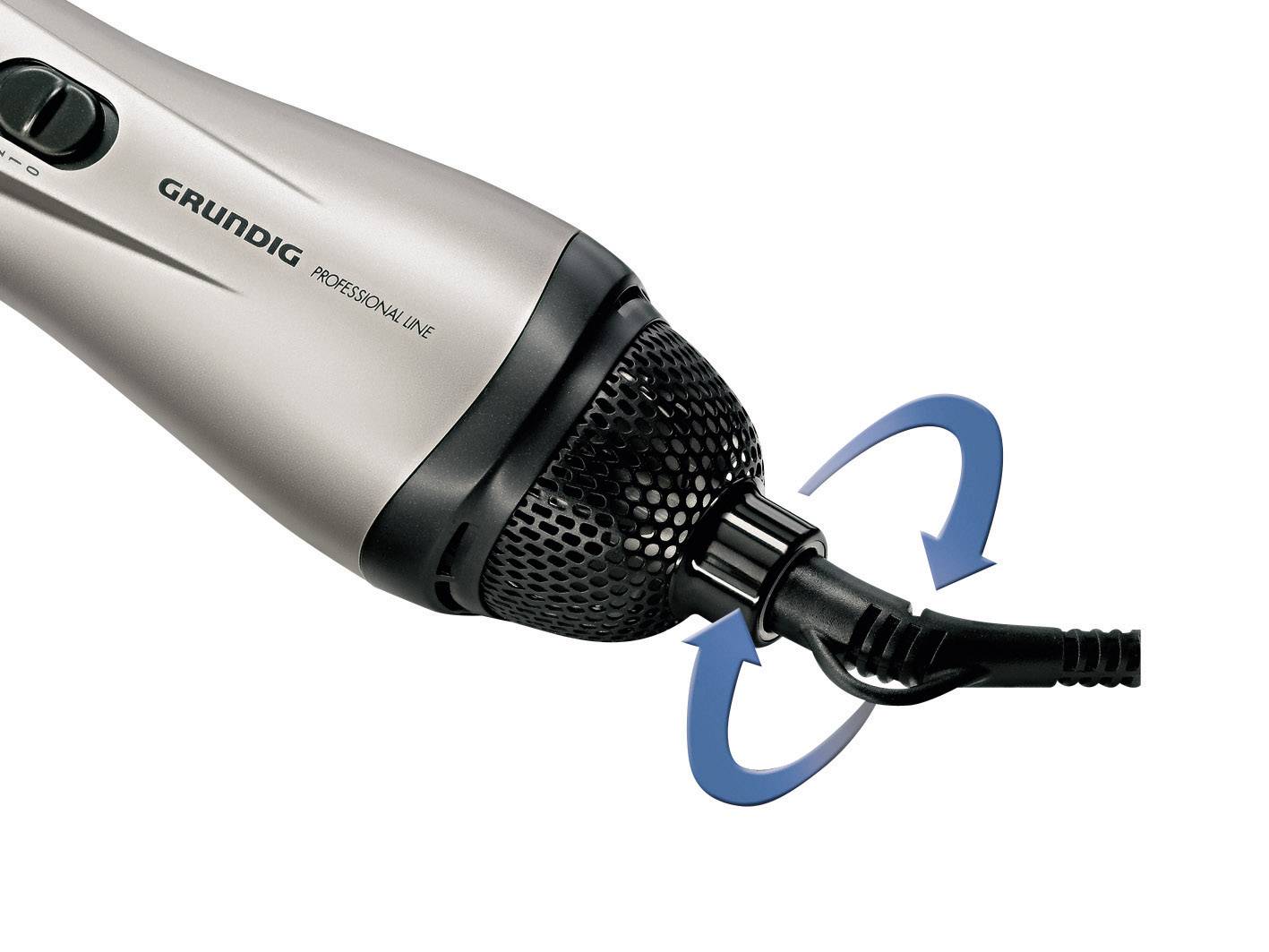 Ein silberner Haartrockner mit einer drehbaren Anschlussleitung, die Flexibilität und Benutzerfreundlichkeit beim Styling bietet.