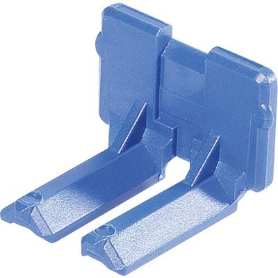 Ein blauer Kunststoffhalter mit zwei parallelen Armen, die rechte Winkel bilden. Er wird für die ordnungsgemäße Positionierung von Bauteilen verwendet.
