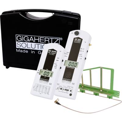Tragbarer HF- und NF-Analysegerät-Set mit zwei Messgeräten und Antenne, zur Messung elektromagnetischer Felder.