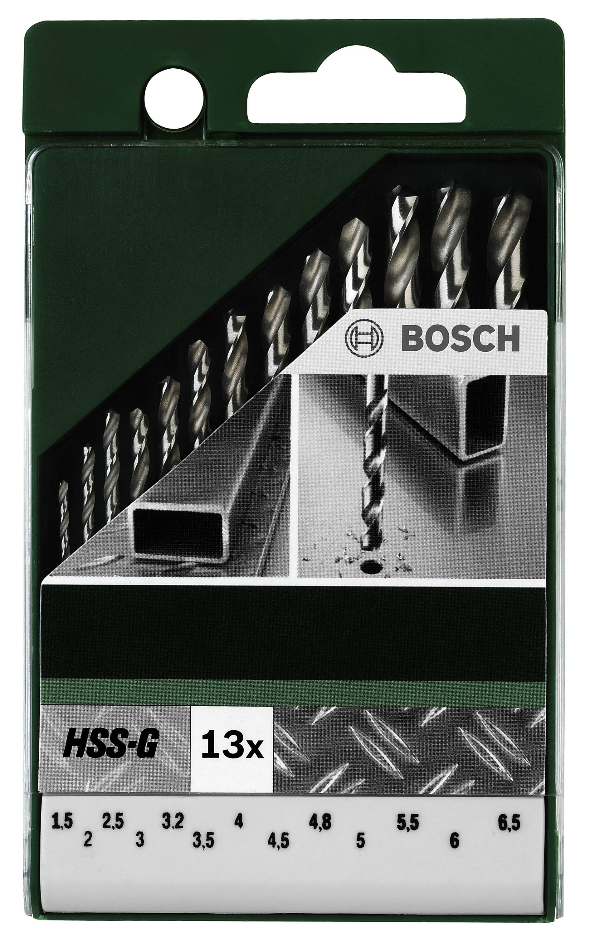 Ein Set mit 13 HSS-G Bohrern von Bosch, geeignet für Metall. Abgebildet sind die Bohrergrößen von 1,5 bis 6,5 mm.