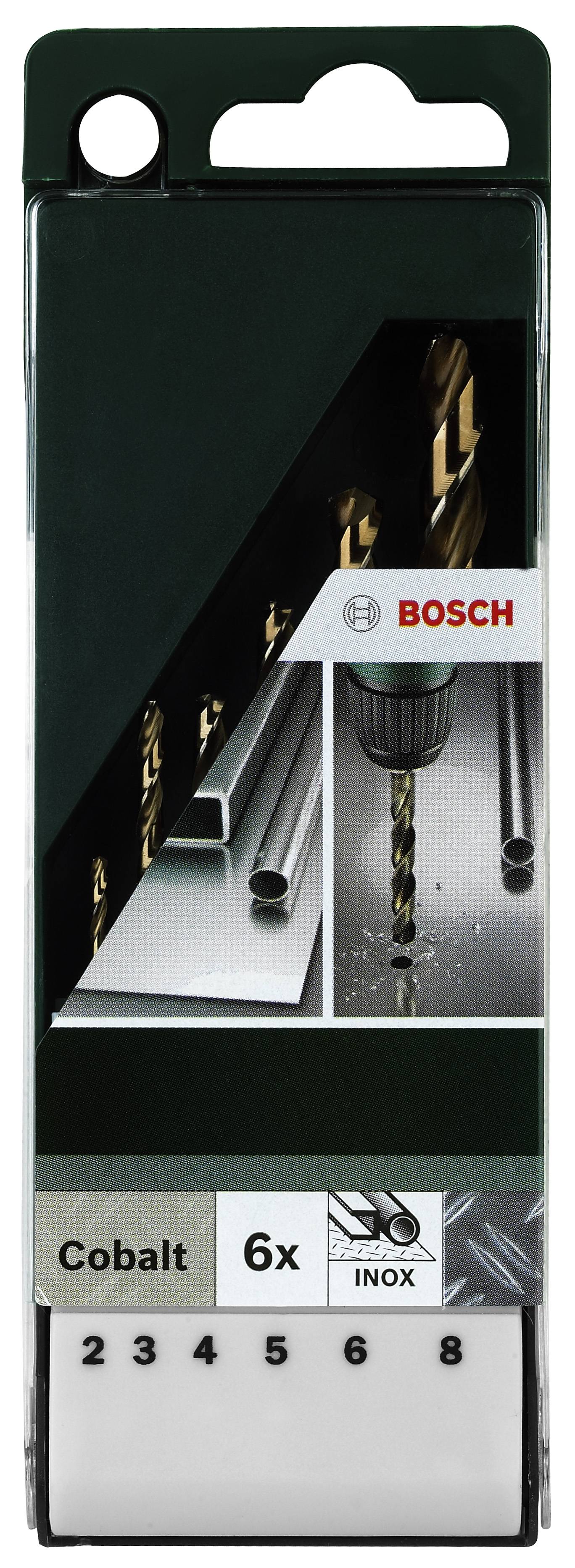 Bohrer-Set von Bosch mit 6 Kobalt-Bohrern, Größen 2 bis 8 mm, geeignet für Metallbearbeitung. Verpackung zeigt Anwendungsvorgang.