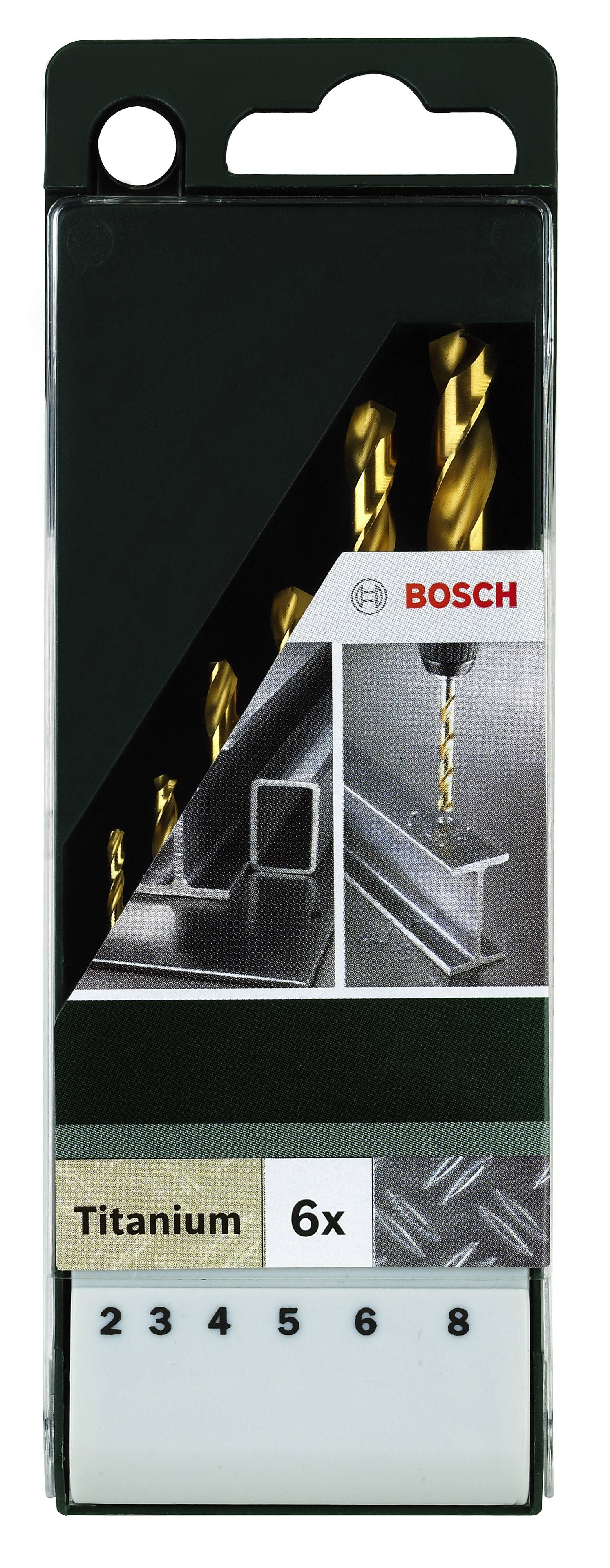 Bohrerset in einer Plastikverpackung, Marke Bosch, mit 6 Titan-Bohrern der Größen 2, 3, 4, 5, 6, und 8 mm, Abbildung zeigt Metallbohrung.