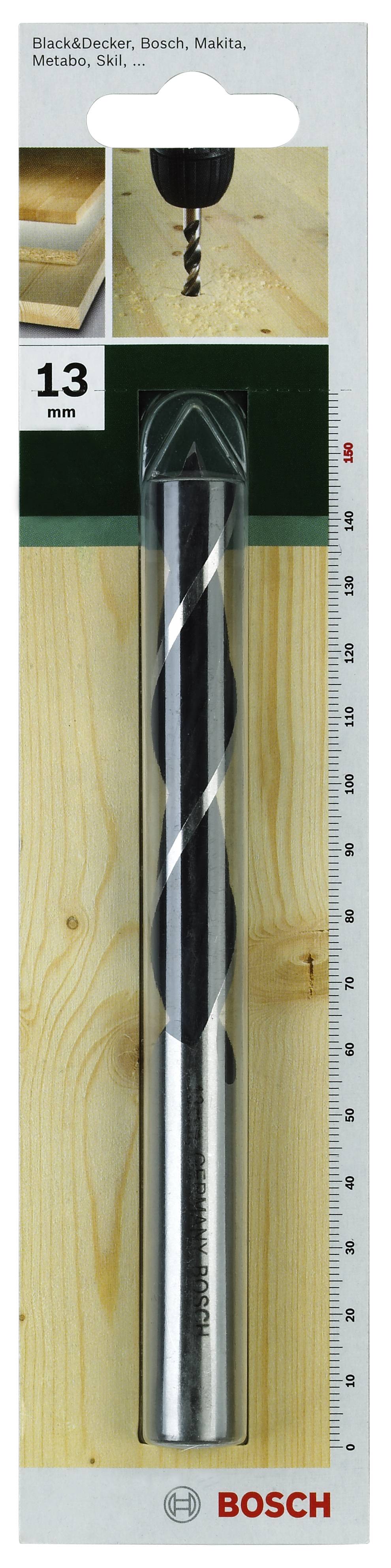 Verpacktes Bosch-Bohrer-Set mit einem Holzbohrer, geeignet für 13 mm Löcher. Verpackung zeigt Einsatzbeispiel und Maßstab.