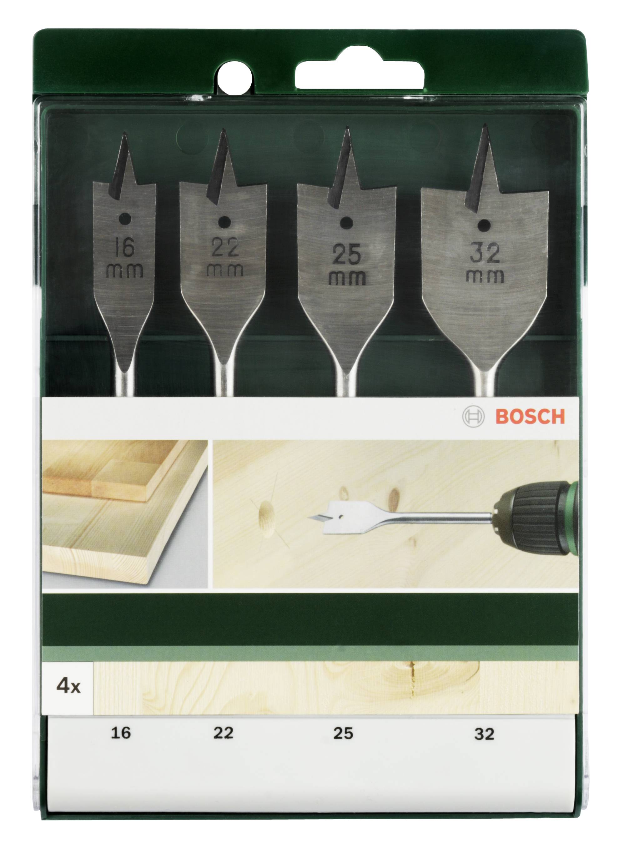 Vier Bosch Flachbohrer (16 mm, 22 mm, 25 mm, 32 mm) in einer Verpackung. Bild zeigt Bohrer im Einsatz beim Bohren in Holz.