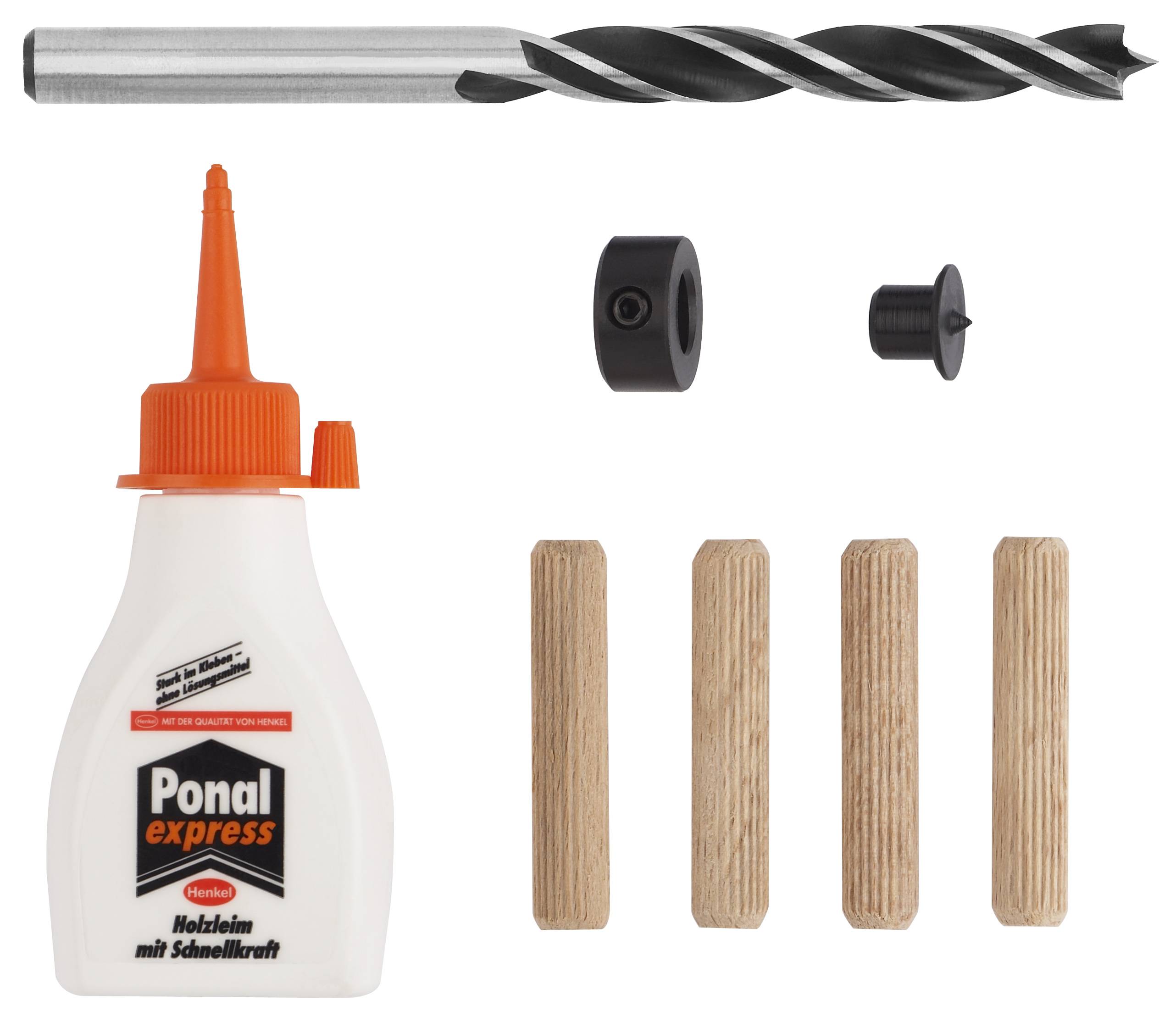 Bohrersatz: Ein Spiralbohrer, Montagezubehör, Holzleimflasche und vier Holzdübel. Geeignet für Holzverbindungen.