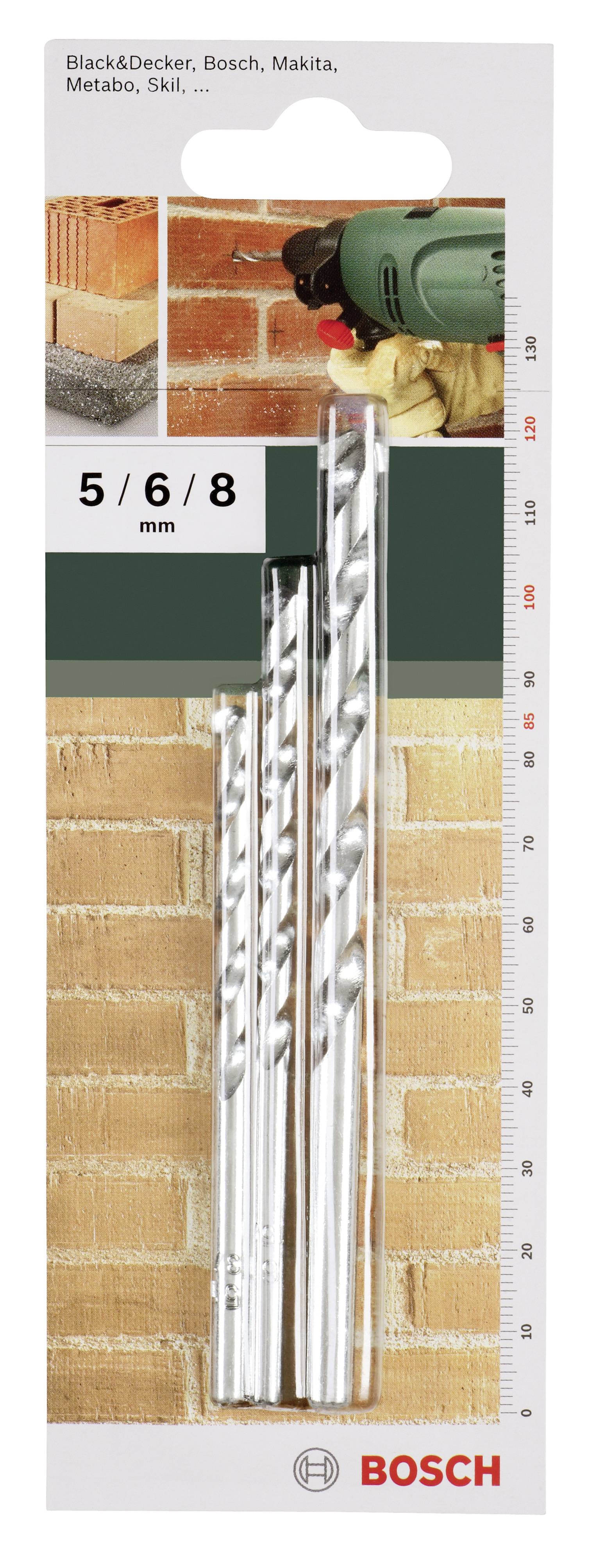 'Bosch' Marken-Bohrset zeigt drei Steinbohrer mit den Größen 5, 6 und 8 mm, geeignet für Mauerwerk. Verpackung zeigt Anwendungsbeispiel.