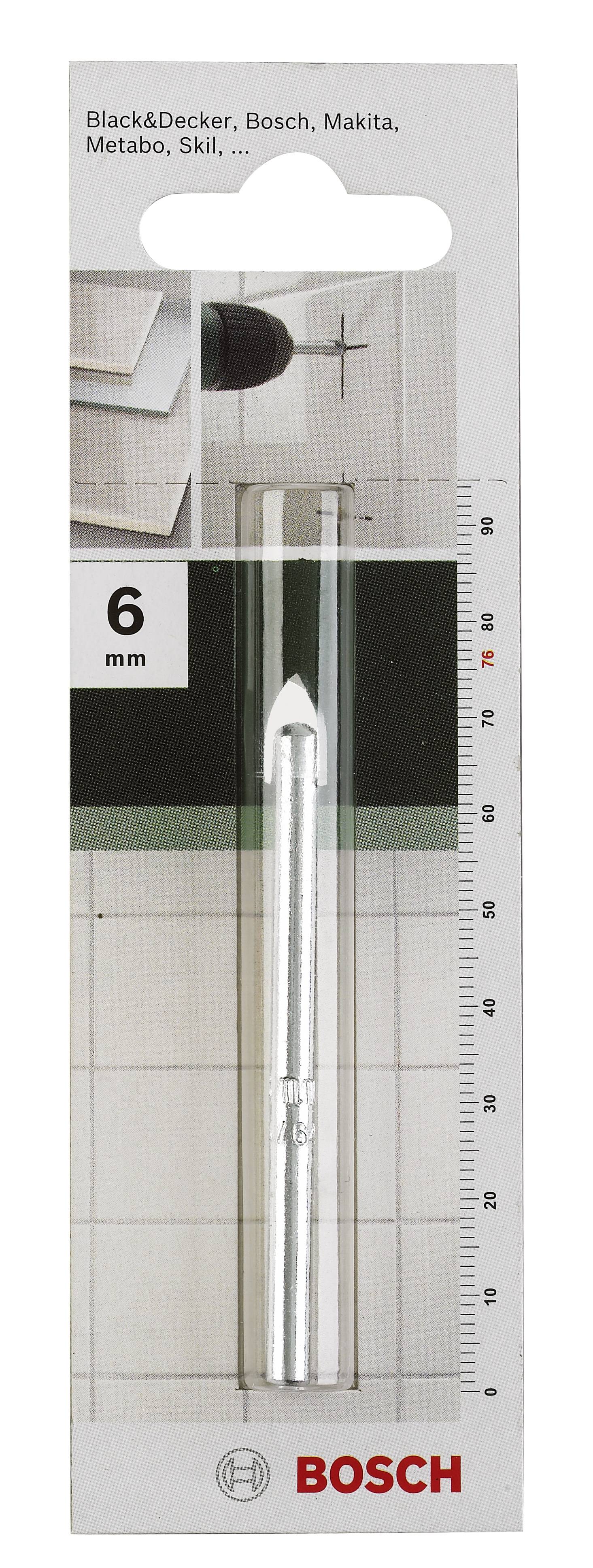 Eine 6-mm-Werkzeugspitze mit der Marke 'Bosch' auf der Verpackung, geeignet für Bosch, Makita, Metabo und andere Bohrmaschinen.