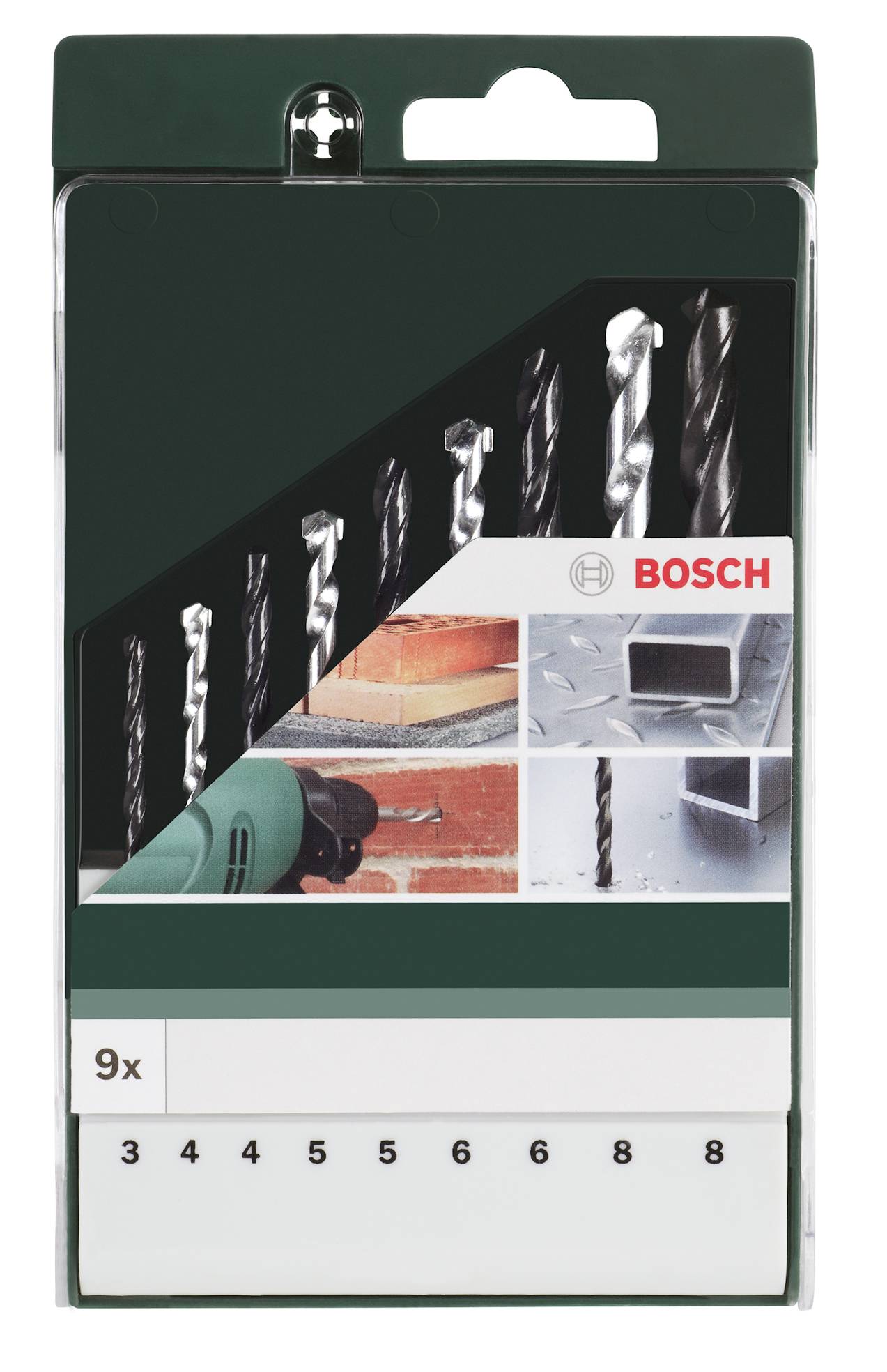 'Bosch Bohrer-Set, 9-teilig, umfasst unterschiedliche Bohrgrößen. Geeignet für Beton, Stein und ähnliche Materialien.'