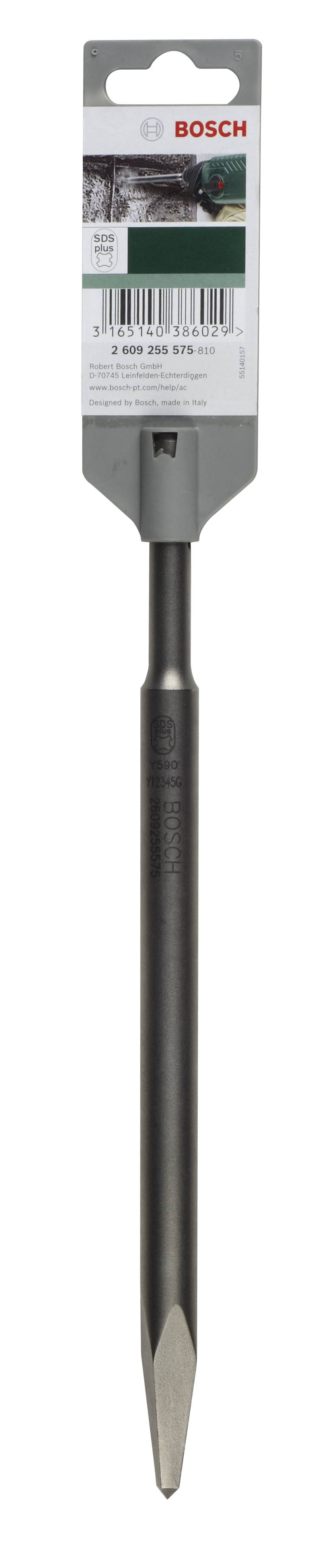 Ein Bosch-Spitzmeißel in grauer Farbe, geeignet für Betonbohrungen. Verpackung mit Barcode und Markenlogo oben sichtbar.