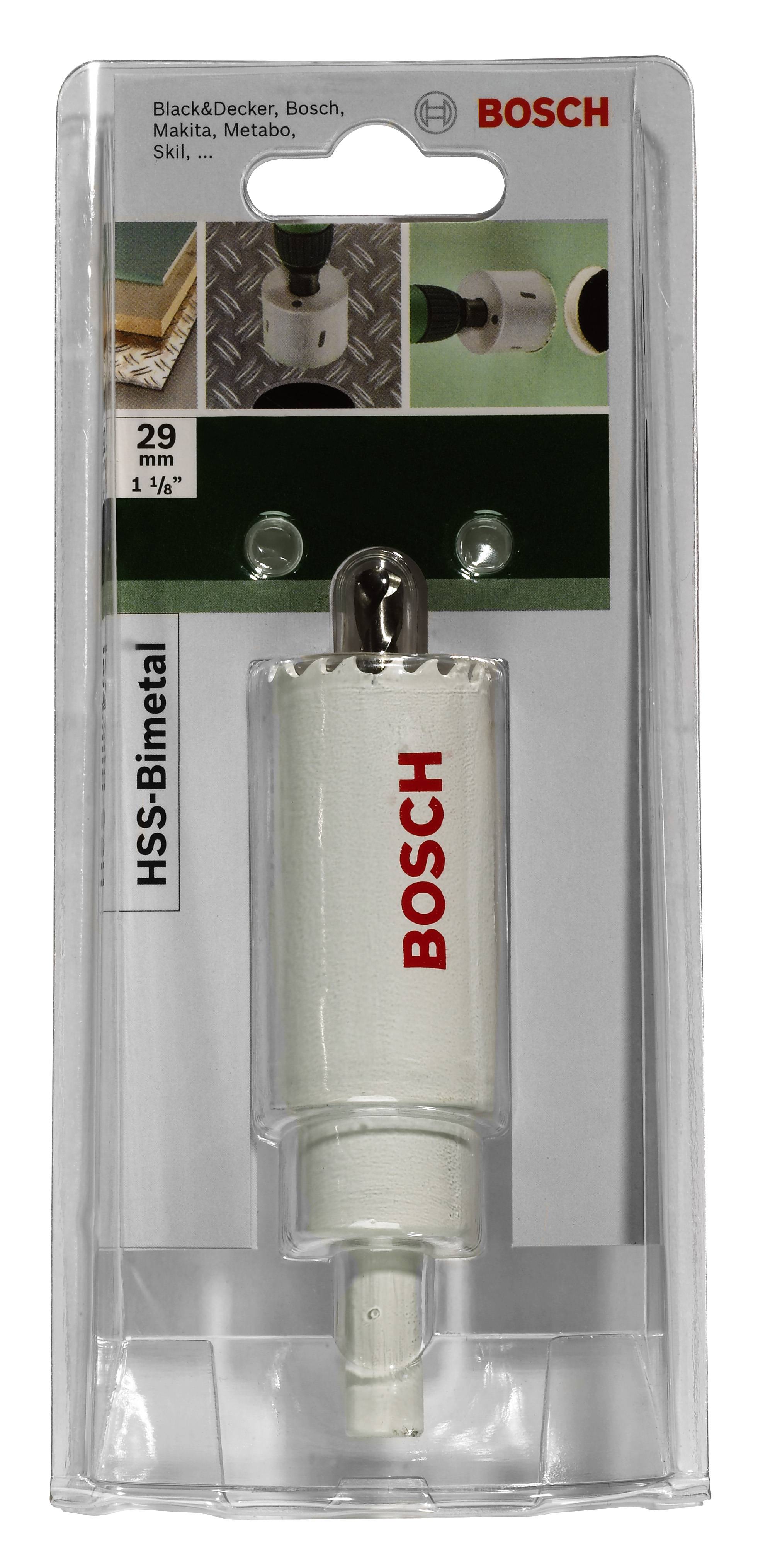Bohrkrone 'HSS-Bimetal' von Bosch im Blisterverpackung. Sie ist für die Bearbeitung von Holz und Metall geeignet, 29 mm Durchmesser.