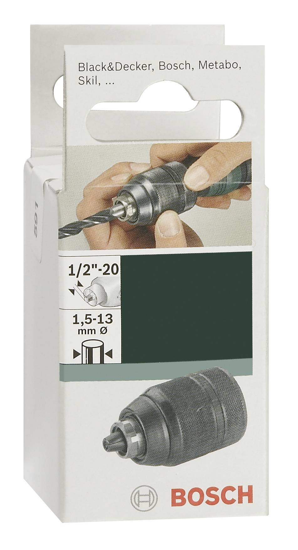 Eine Bosch-Bohrfutterverpackung zeigt ein Bohrfutter für 1/2"-20 Gewinde, passend für 1,5-13 mm Bohrer. Kompatibel mit verschiedenen Marken.