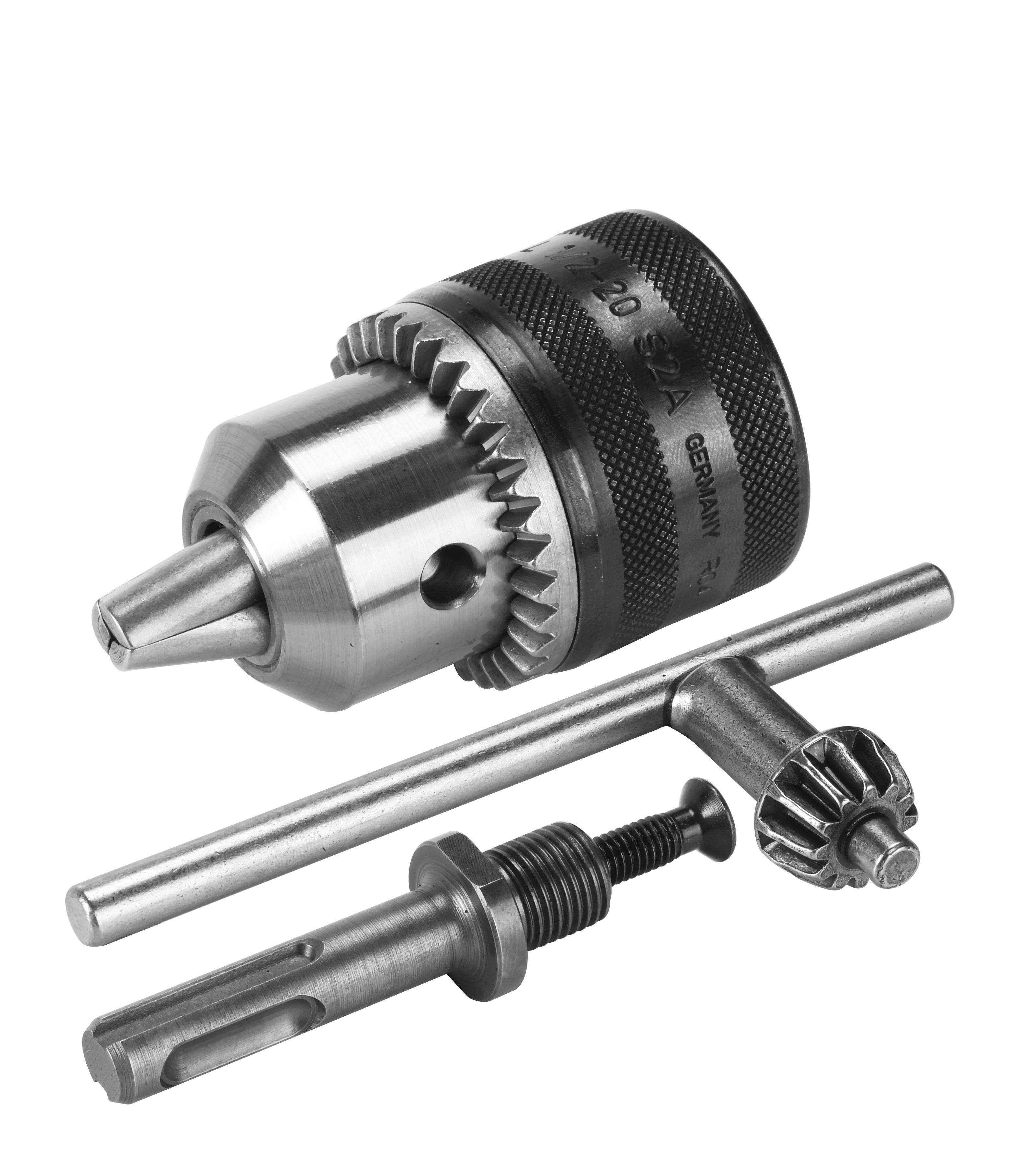 'Bohrfutter mit Zahnkranz und Spannschlüssel, zur Befestigung von Bohrern auf Tisch- oder Handbohrmaschinen, silberfarben.'