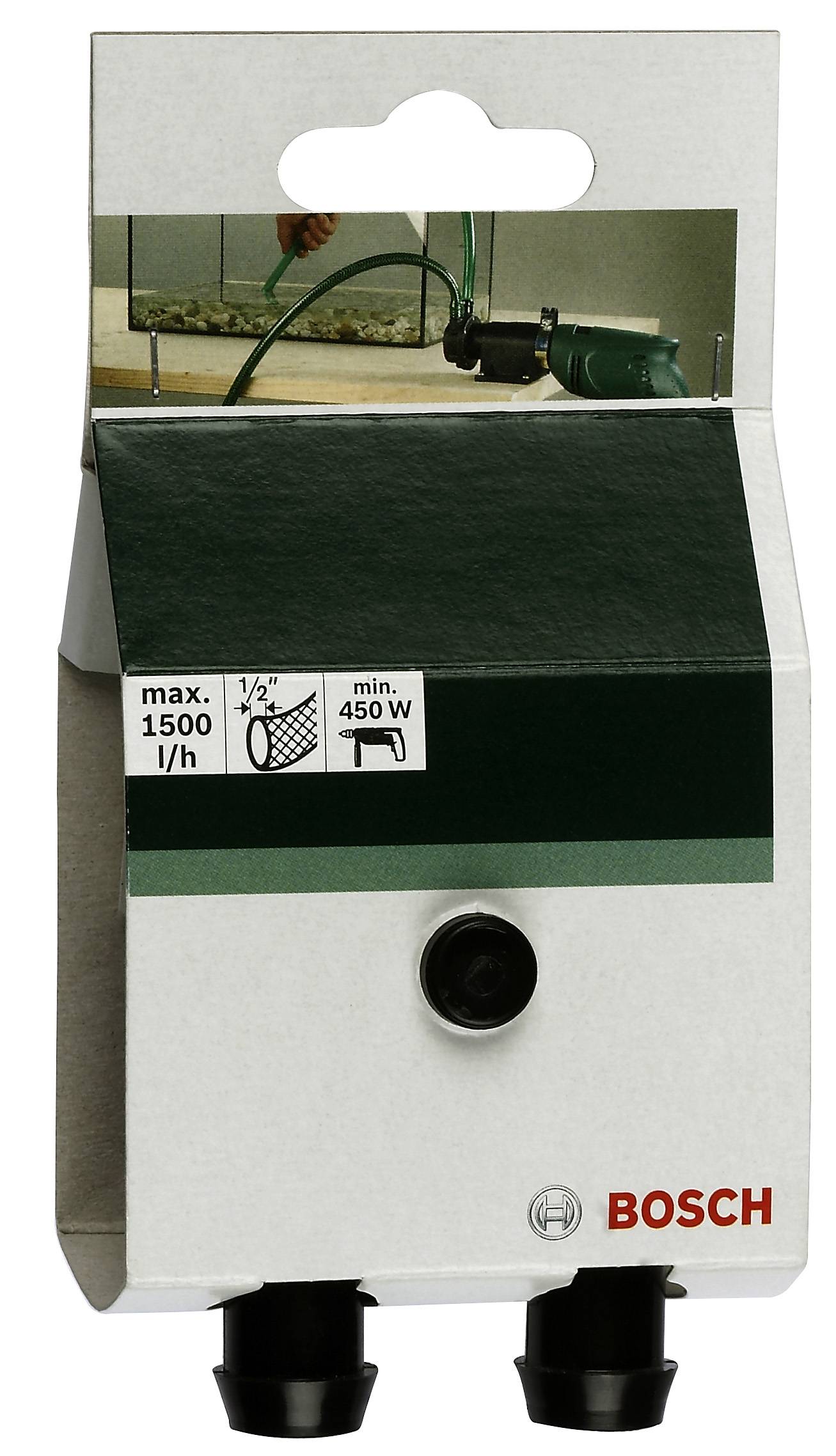 Verpackung für eine Bosch-Wasserpumpe, zeigt Pumpe in Gebrauch. Aufschrift: 'max. 1500 l/h', 'min. 450 W'. Enthält Anschlussstücke.