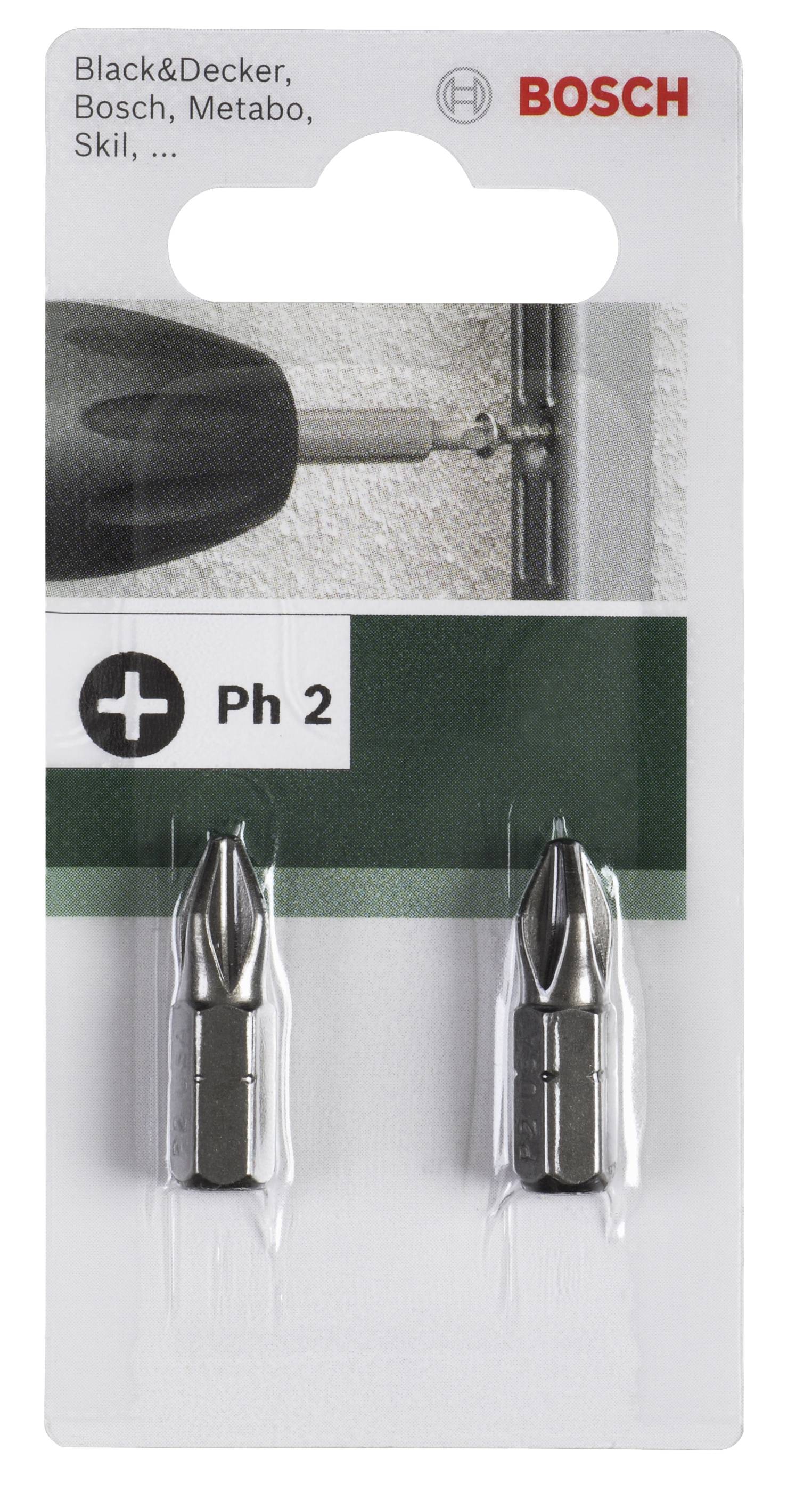 'Bosch Ph 2' Schraubendreherbits, zwei Stück, in Verpackung für Bohrmaschinen von Black&Decker, Bosch, Metabo, Skil.