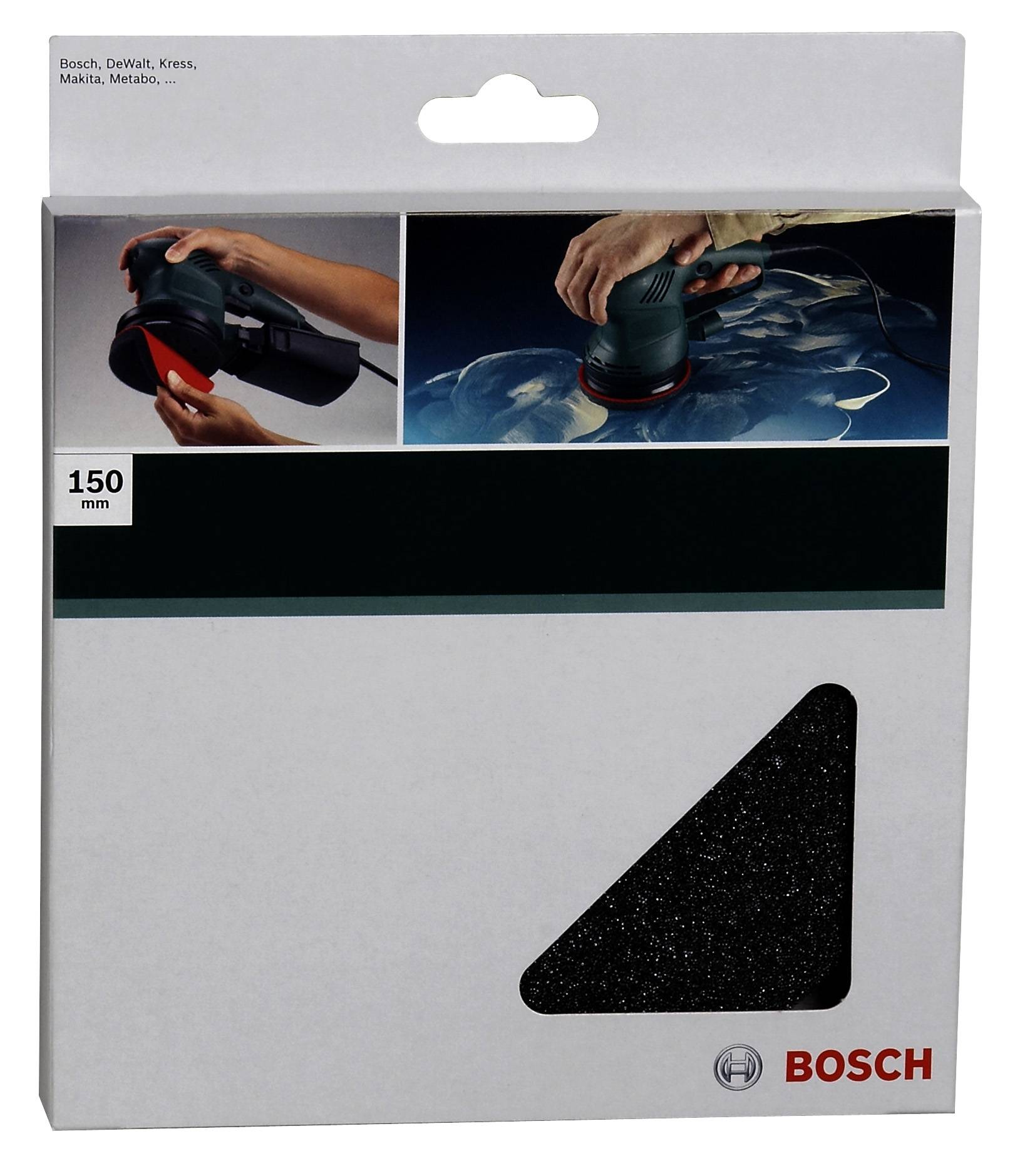 Verpackung für Bosch-Schleifscheibe. Zeigt Abbildung eines Handwerkers beim Schleifen und ein Bild der Schleifscheibe. Markenlogo unten.