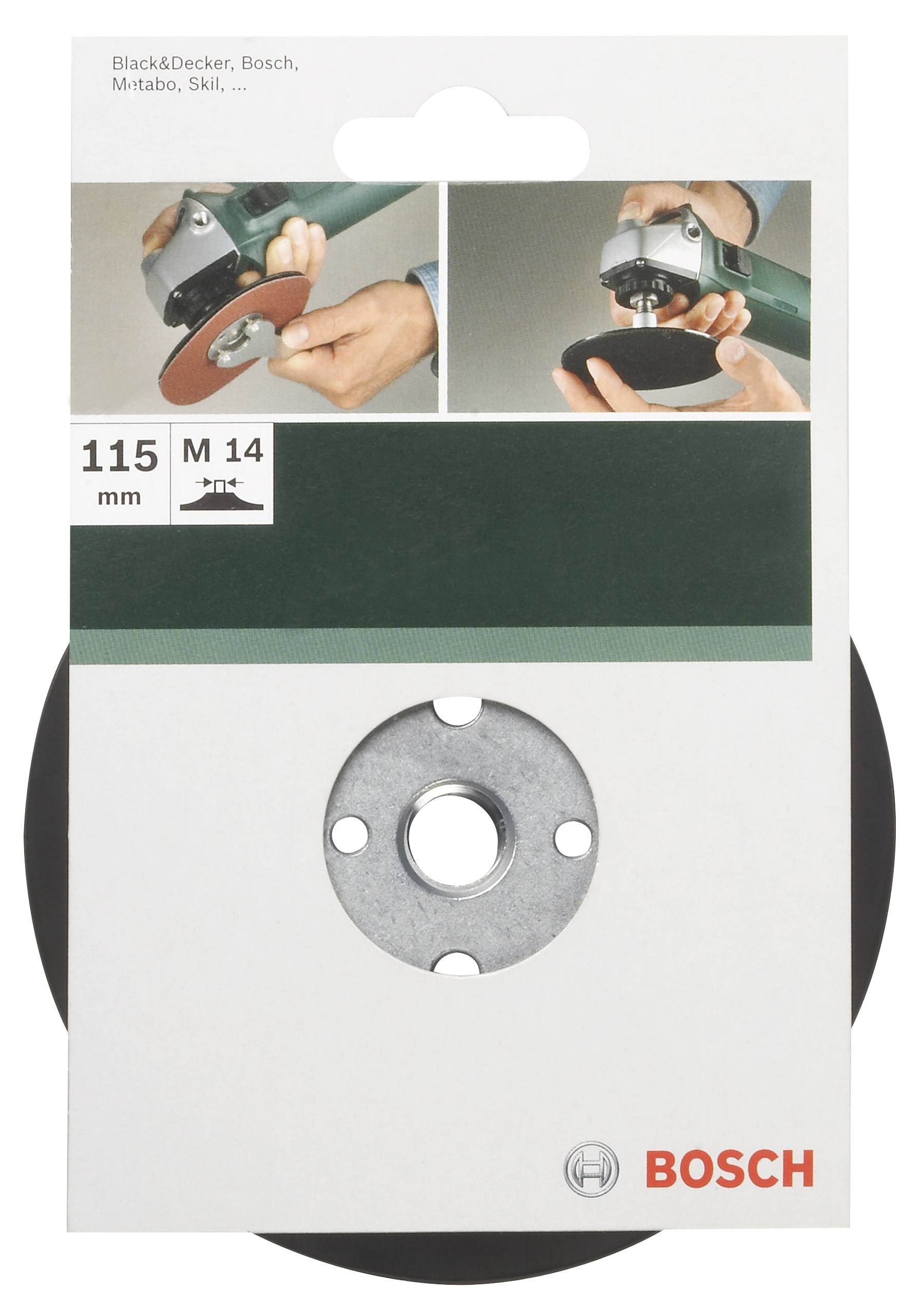 Verpackung einer Schleifscheibe, zeigt Anwendungsschritte. Oben Bilder von Händen mit Schleifgerät, unten technische Spezifikationen.