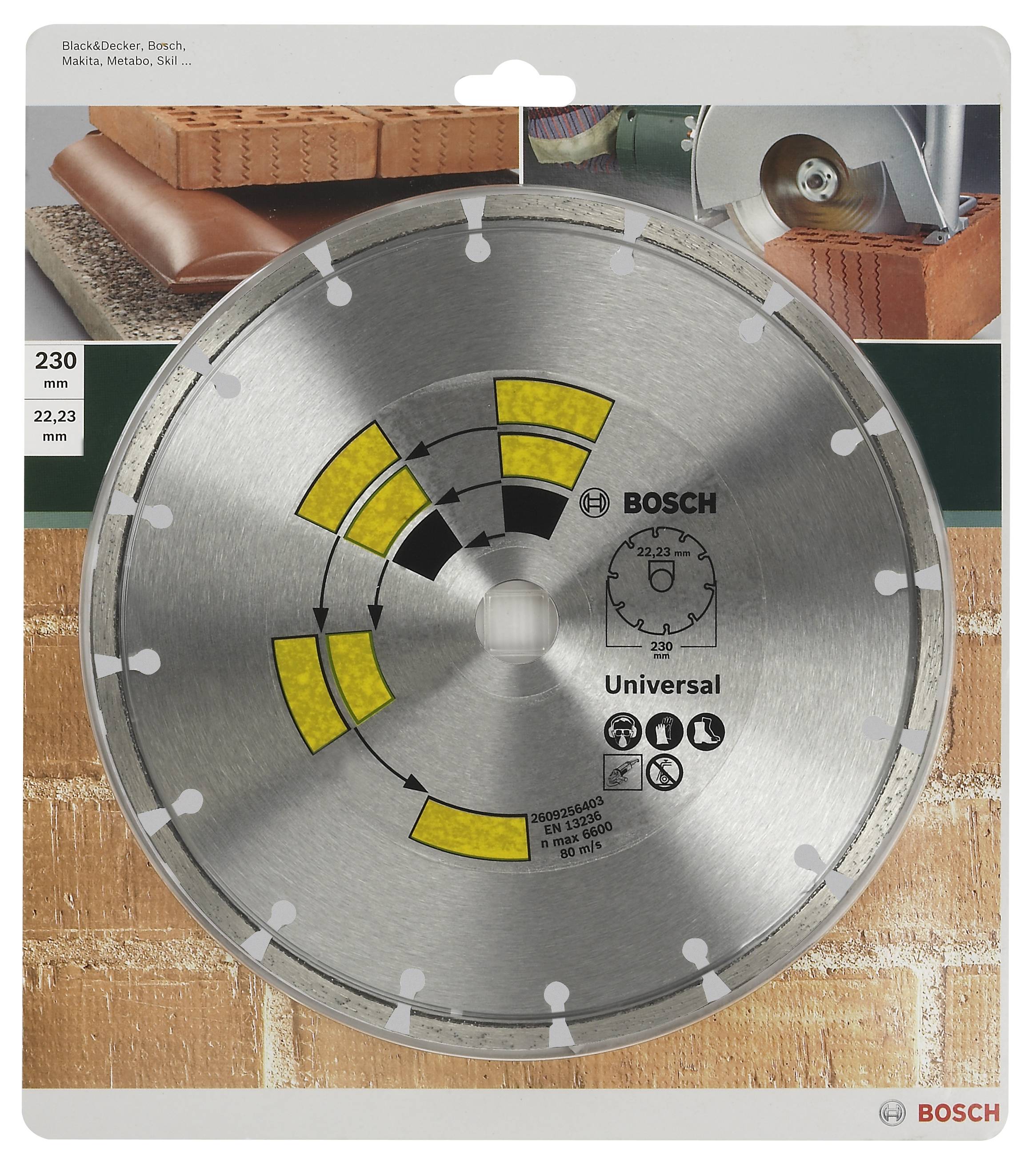 Metallsägeblatt 'Universal' von Bosch, 230 mm Durchmesser, geeignet für diverse Baumaterialien wie Ziegel und Beton. Verpackungsbild.