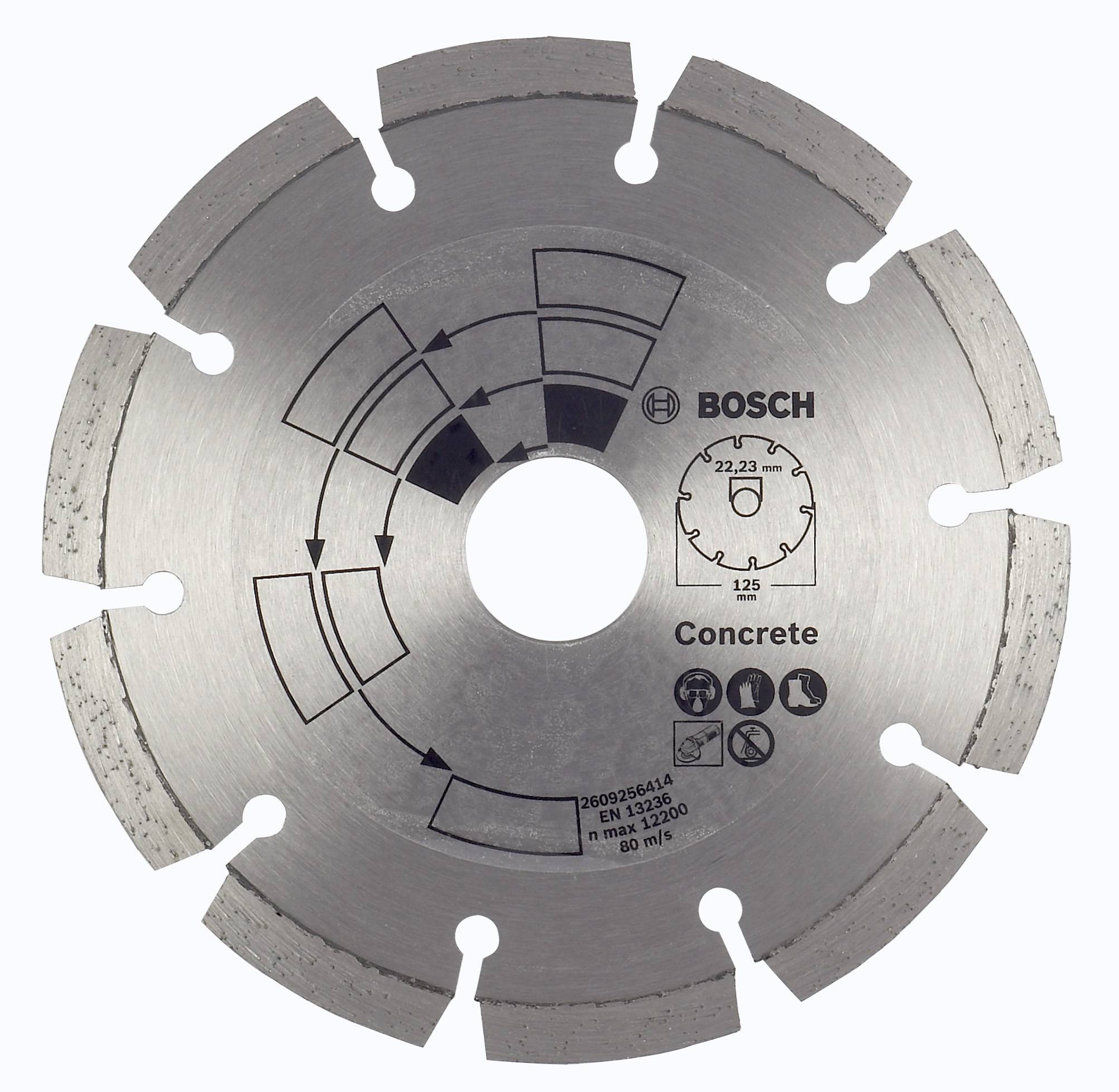 Kreissägeblatt aus Metall mit Beton-Label und Bosch-Logo. Geeignet für Schnitte in Beton. Enthält Sicherheitssymbole.