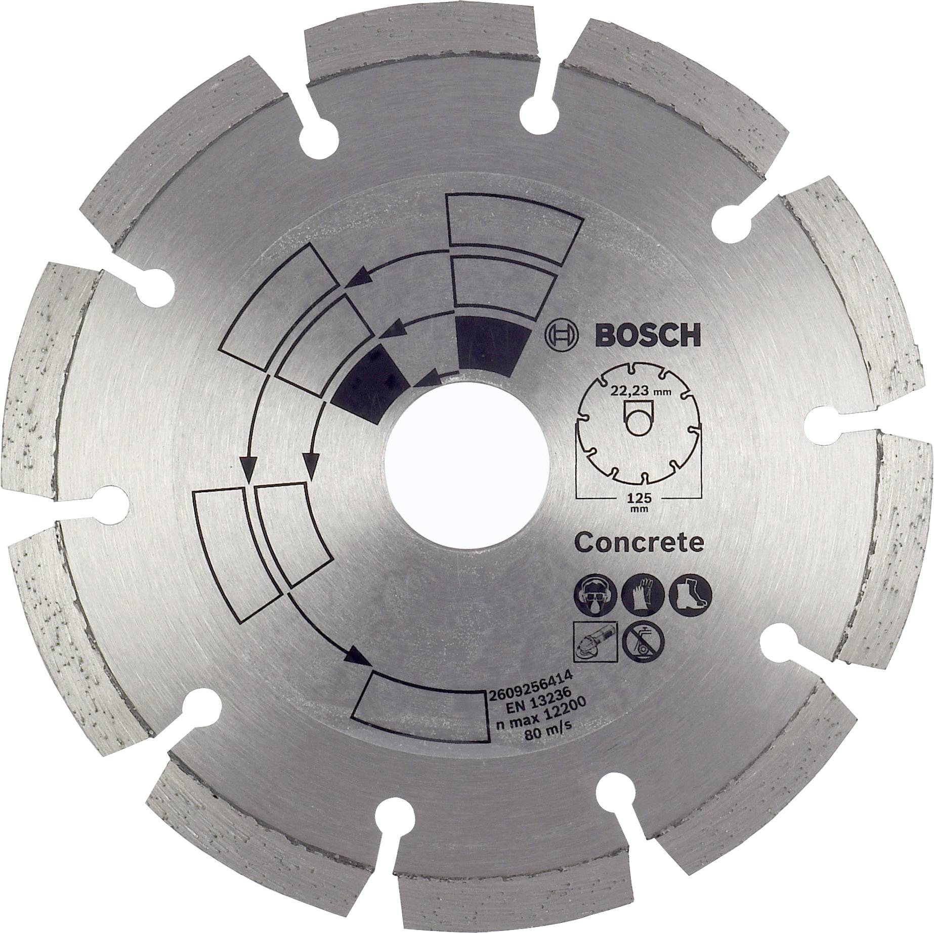 Achsscheibe mit Laseraufschrift: 'BOSCH 22,23 mm 125 Concrete', zeigt Pfeile und Symbole für Drehrichtung und Sicherheitsanweisungen.