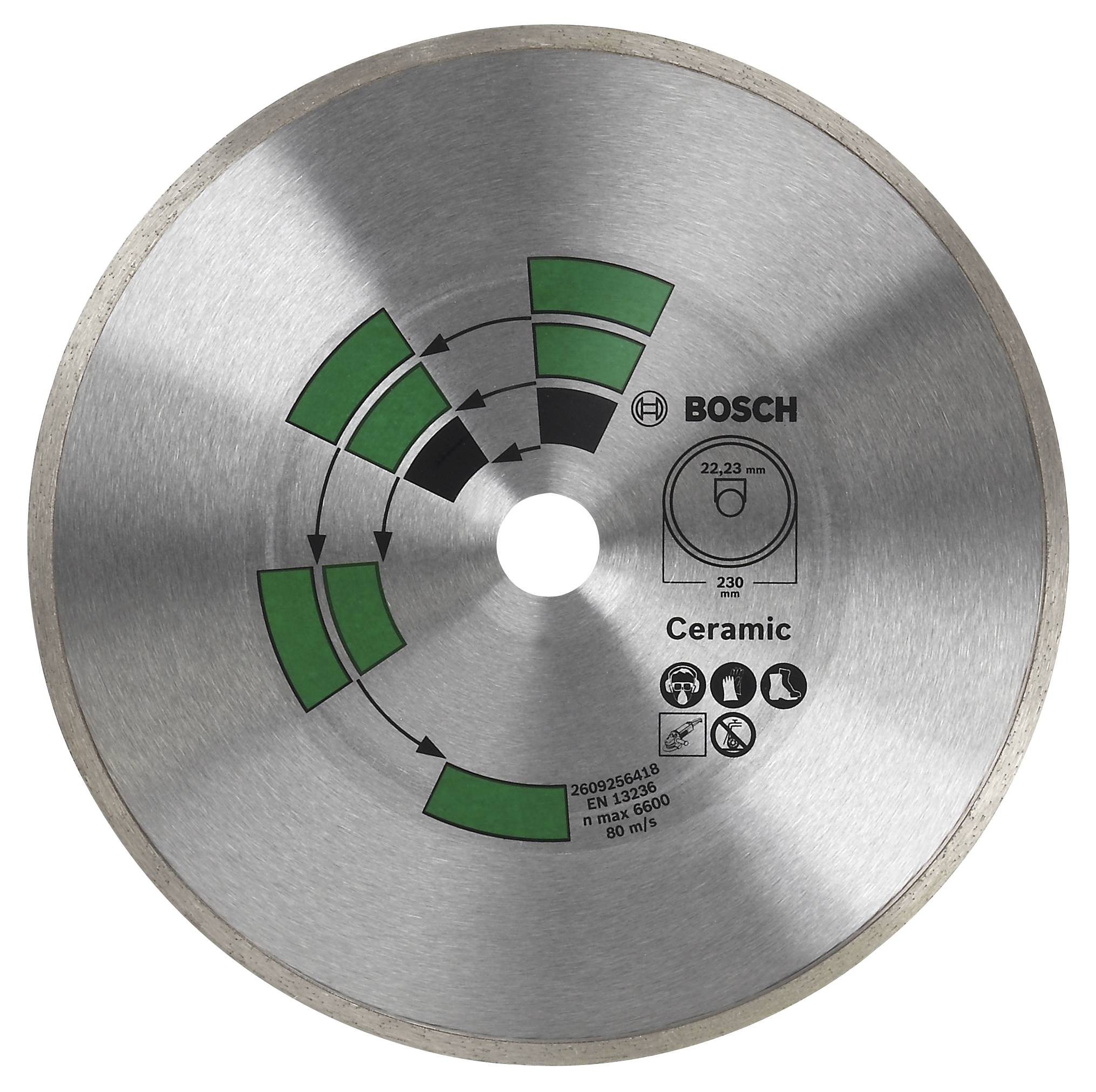 'Silberscheibe mit grün-schwarzer Markierung, Bosch-Logo. Text: Ceramic, 230. Symbole für Schutz und Verwendung.'