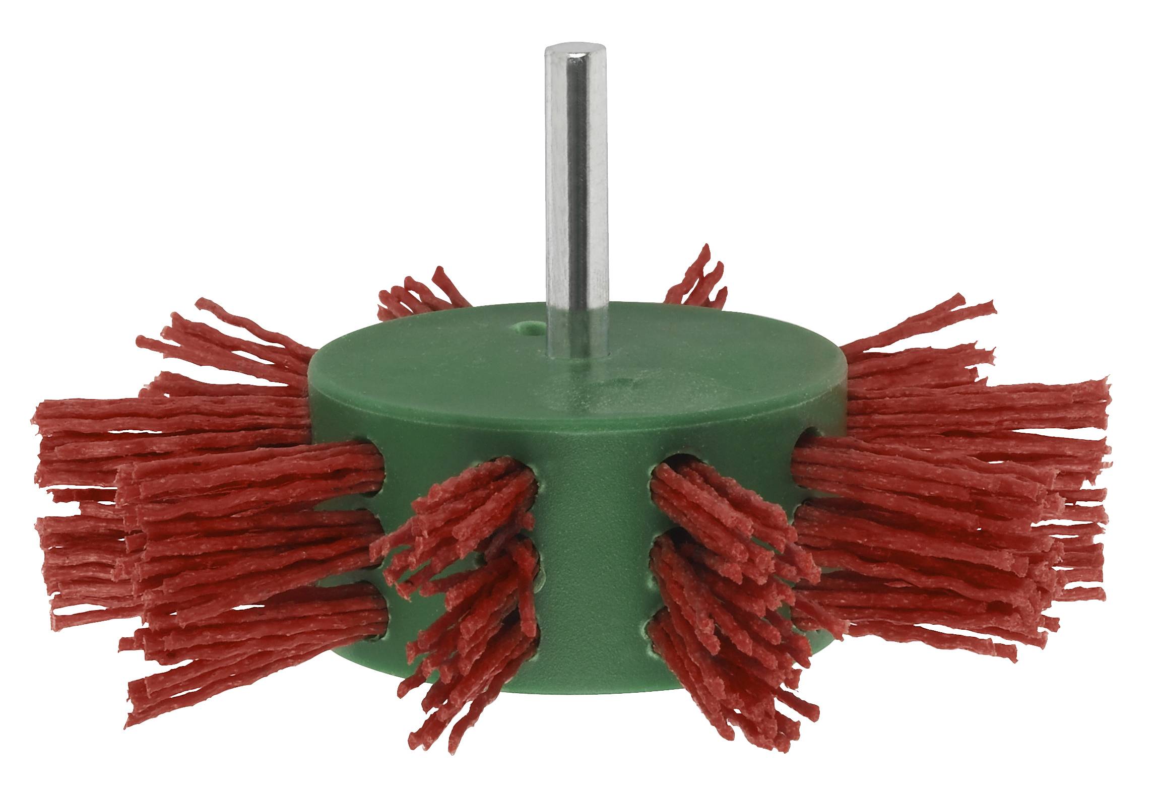 Runder Bürstenkopf mit rotem Borstebüschel und grünem Kunststoffkörper, geeignet zur Oberflächenreinigung oder Politur.