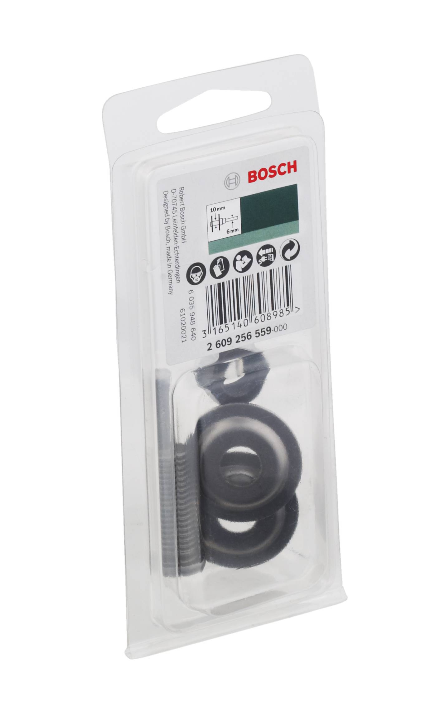 Verpackung mit Bosch-Ersatzteilen, darunter drei schwarze Gummiringe und eine Feder.