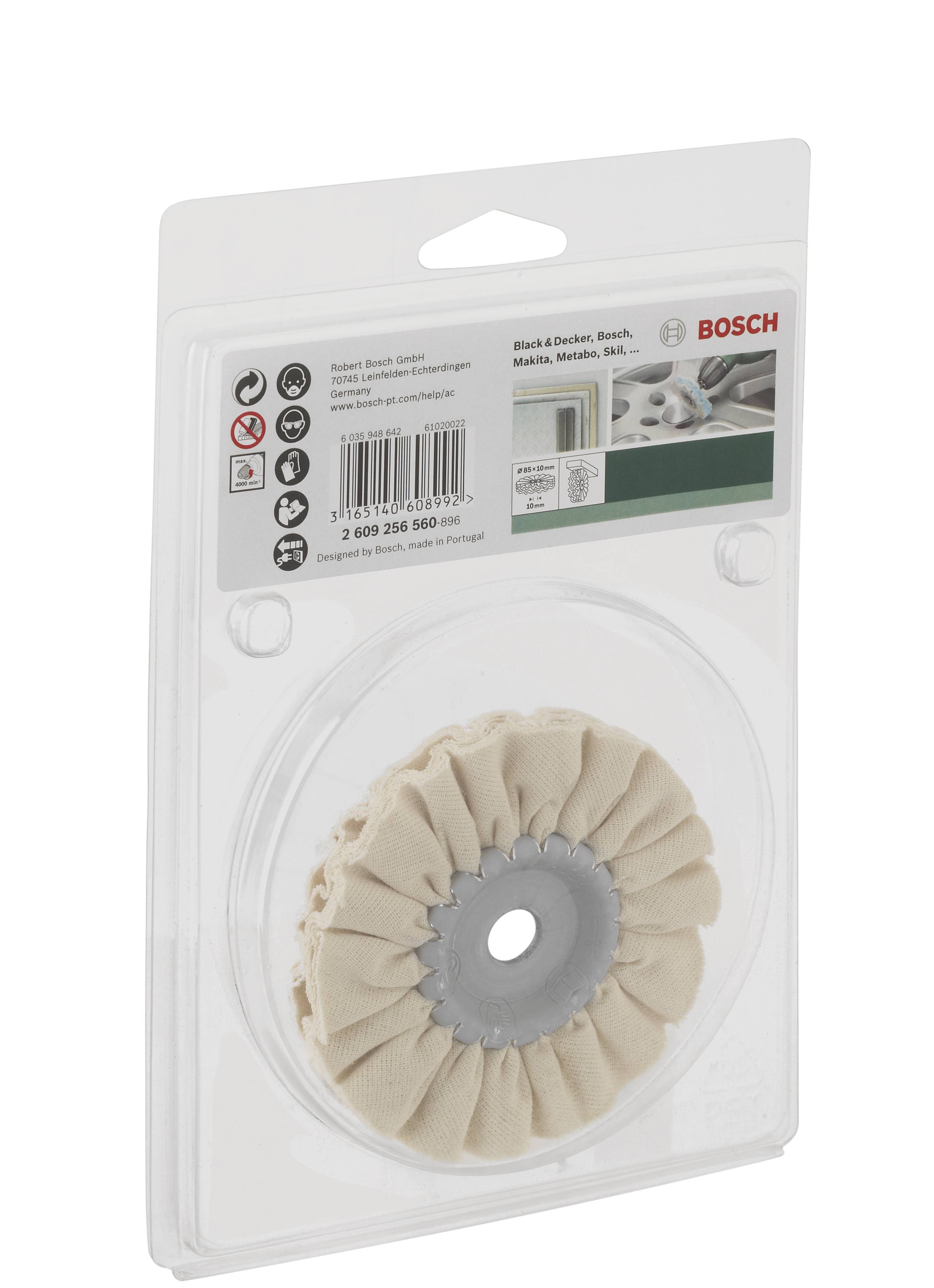 Verpackung mit Polierscheibe der Marke Bosch, geeignet für verschiedene Bohrmaschinen. Enthält Produktinformationen und Logos.