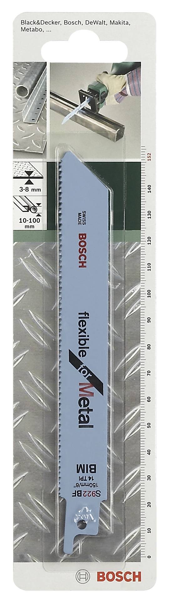 Säbelsägeblatt von Bosch, geeignet für Metallbearbeitung, in Verpackung mit Maßstabsanzeige. Passend für Marken wie Black&Decker und Makita.