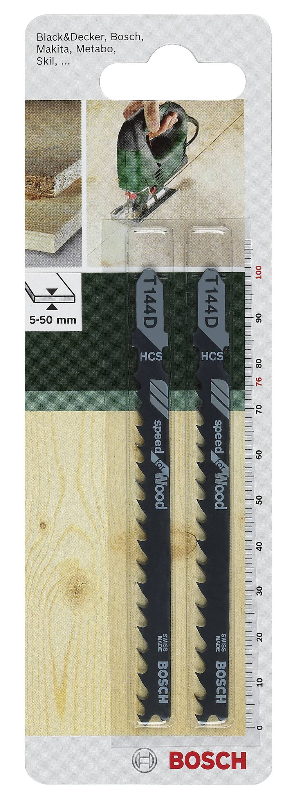 Verpackung mit zwei Bosch Stichsägeblättern, geeignet für Holzschnitt. Zeigt Produktbeispiele und Spezifikationen von 5-50 mm.