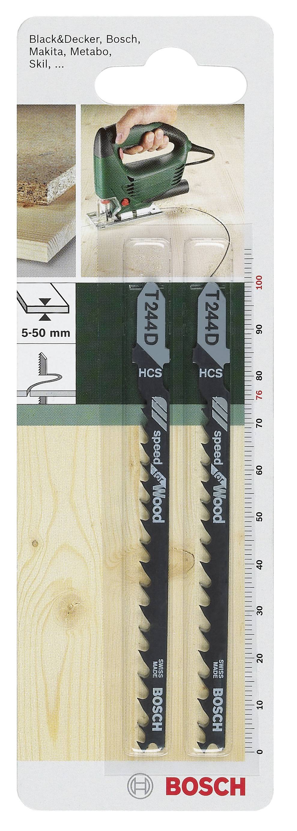 Zwei Bosch Stichsägeblätter auf einer Verpackung. Geeignet für Holzschnitt von 5-50 mm. Kompatibel mit Black&Decker, Bosch, Makita.