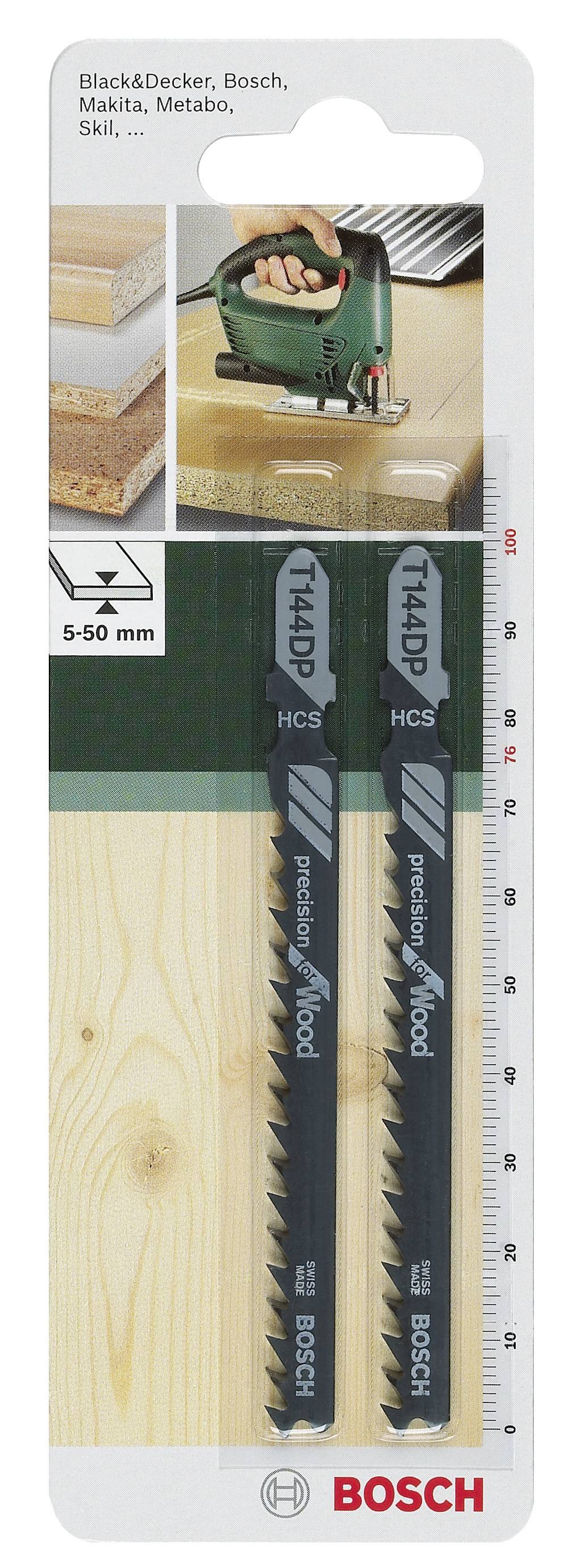 'Bosch' Stichsägeblätter für Holz in Verpackung. Enthält 2 Klingen für präzises Schneiden. Kompatibel mit Marken wie Makita und Black & Decker.