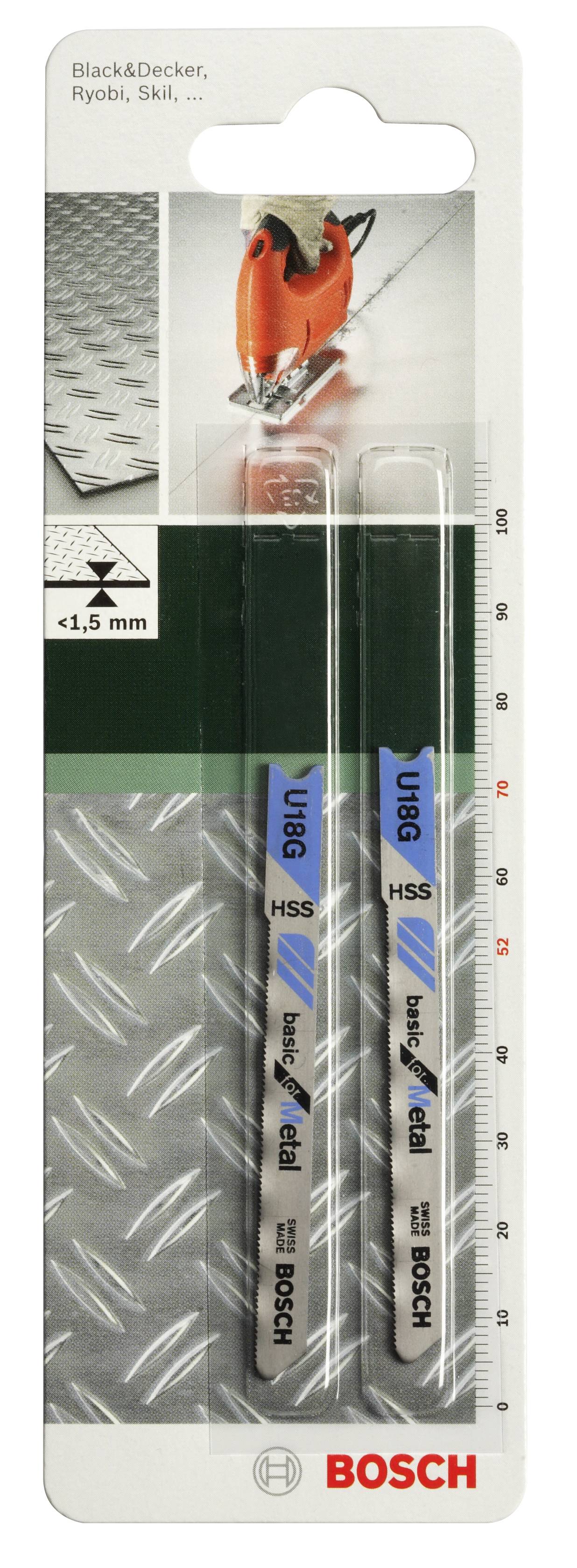 Verpackung mit zwei Bosch Stichsägeblättern, geeignet für Metall bis zu 1,5 mm Dicke. Oben ein Foto einer Stichsäge im Einsatz.