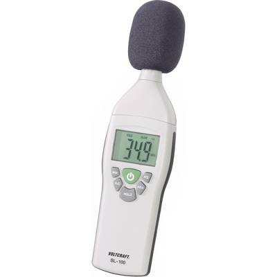 Ein Schallpegelmesser mit Digitalanzeige zeigt 34,9 dB. Das Gerät hat ein Mikrofon oben und Bedientasten darunter.