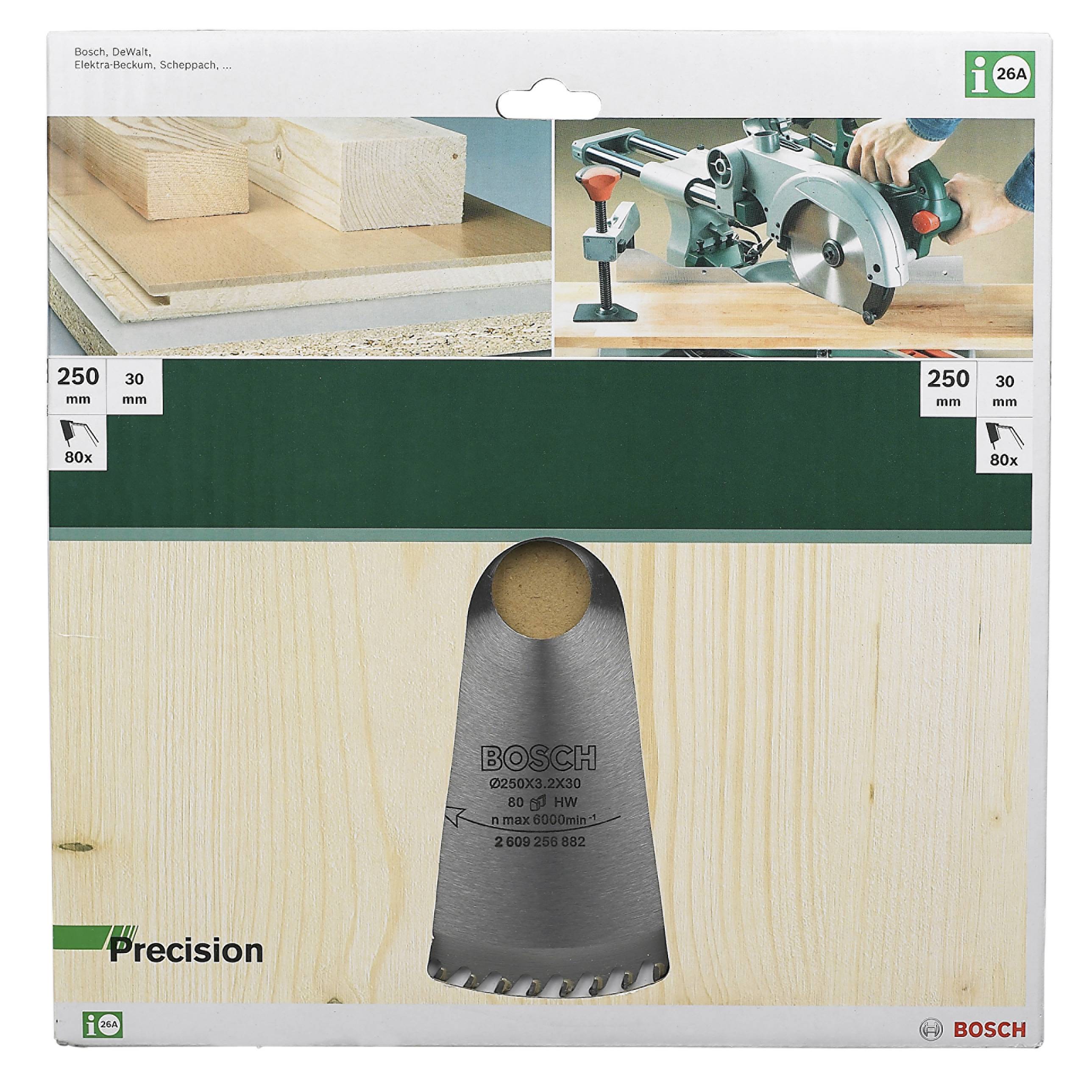 'Sägeblatt-Verpackung mit Bild einer Kreissäge und Holzschnitt, zeigt Produktinformationen wie Durchmesser und Zähnezahl.'