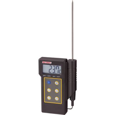 Hand-Thermometer mit digitalem Display zeigt eine Temperatur von 23,7°C an. Das Gerät hat mehrere Tasten zur Bedienung.