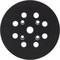 Schwarzes Schleifpapier mit mehreren runden Löchern unterschiedlicher Größe in konzentrischen Kreisen angeordnet.