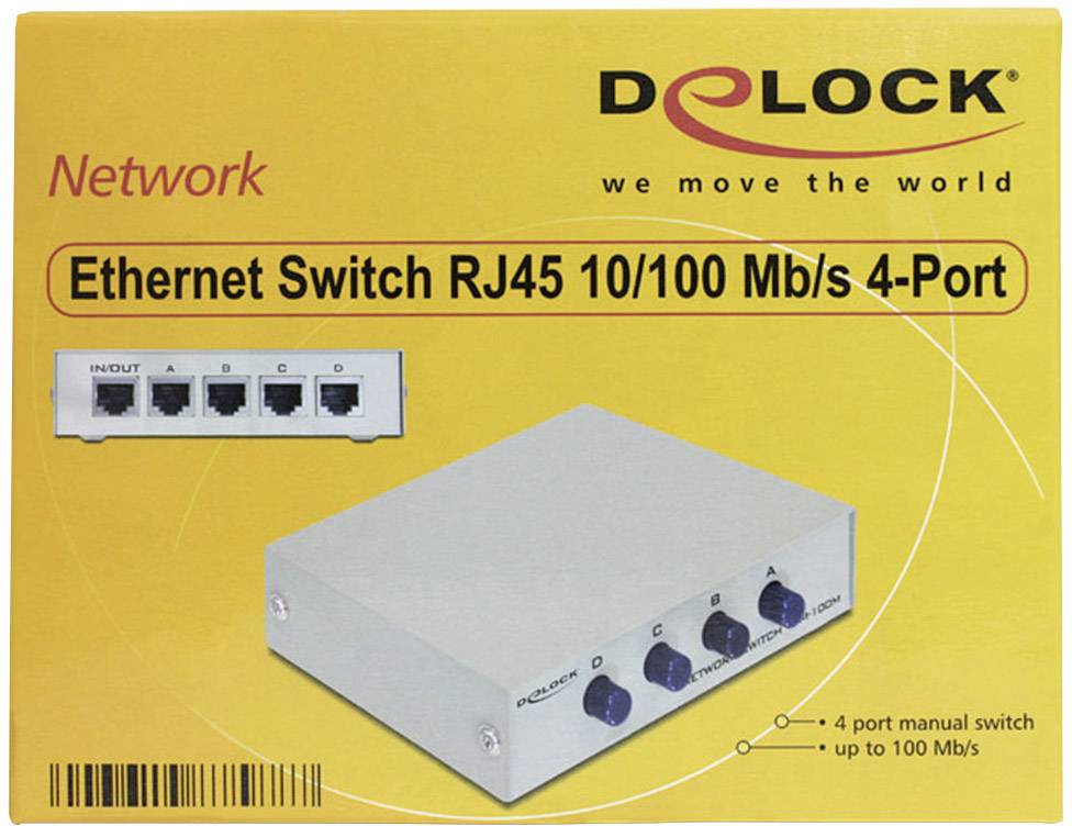 'Delock Ethernet Switch' Verpackung zeigt ein 4-Port RJ45 Netzwerk-Switch für 10/100 Mbit/s. Abbildung des Produkts und verfügbare Anschlüsse.