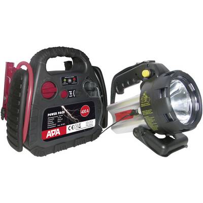 Tragbare Starthilfe mit eingebauter Leuchte. Gerät hat Anzeigen für Ladestatus und Spannung. Geeignet zum Starten von Autos bei leerer Batterie.