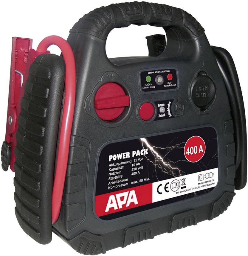 Tragbare Auto-Starthilfe mit 12 Volt, 400 Ampere. Schwarzes Gerät mit rotem Griff und Kabel. Aufgedruckte Infos: 'Power Pack 400 A'.