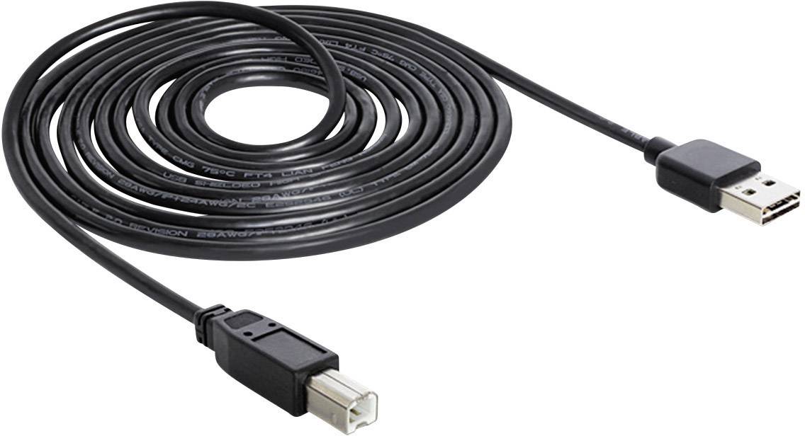 Schwarzes USB-Kabel mit USB-Typ-A-Anschluss und quadratischem Druckeranschluss. Used for connecting printers to computers.