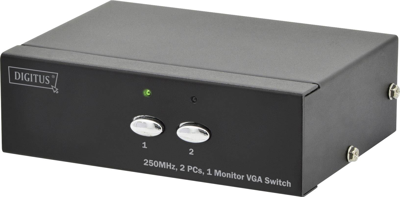 'VGA-Switch mit zwei Tasten zur Auswahl von zwei PCs, LED-Anzeige, schwarzes Gehäuse.'