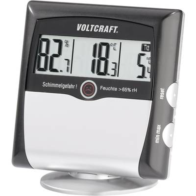 Ein digitales Hygrometer zeigt eine Luftfeuchtigkeit von 82%, eine Temperatur von 18°C und ein Warnsymbol für Schimmelgefahr an.