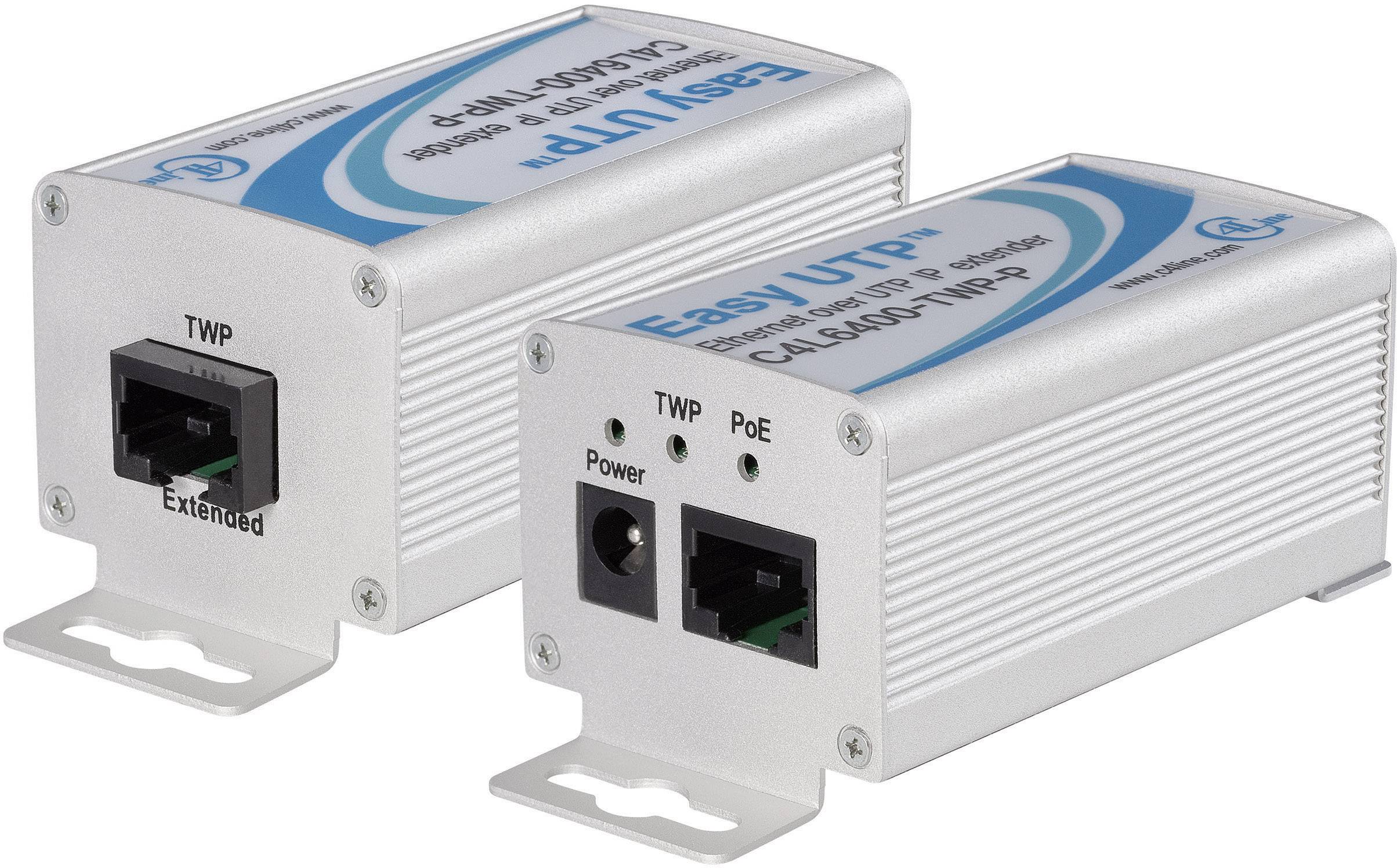 'Zwei Netzwerkadapter mit der Aufschrift Easyl UTP, Modell CAB600; Anschlüsse für TWP, PoE und Power; silber gefärbt.'