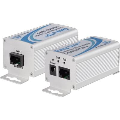 'Zwei Netzwerkadapter mit der Aufschrift Easyl UTP, Modell CAB600; Anschlüsse für TWP, PoE und Power; silber gefärbt.'