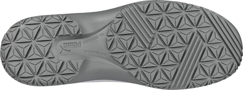 Die Unterseite einer grauen Sportschuhsohle mit geometrischen Mustern zur Verbesserung der Traktion.