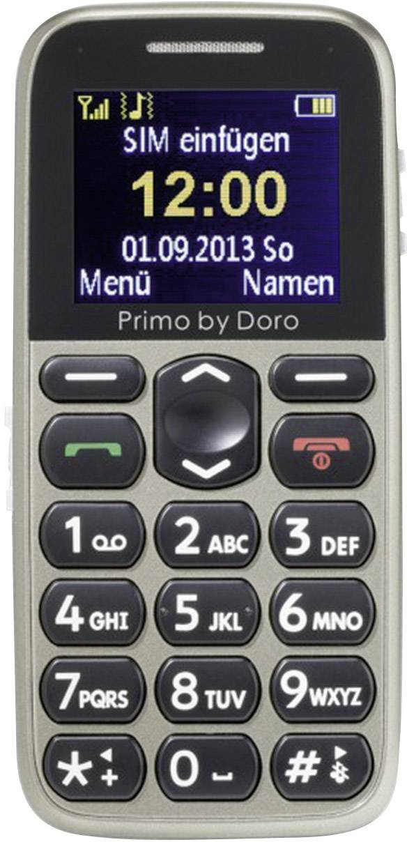 Ein einfaches Mobiltelefon mit großen Tasten und einem kleinen Display, das 'SIM einfügen' und Datum und Uhrzeit zeigt.